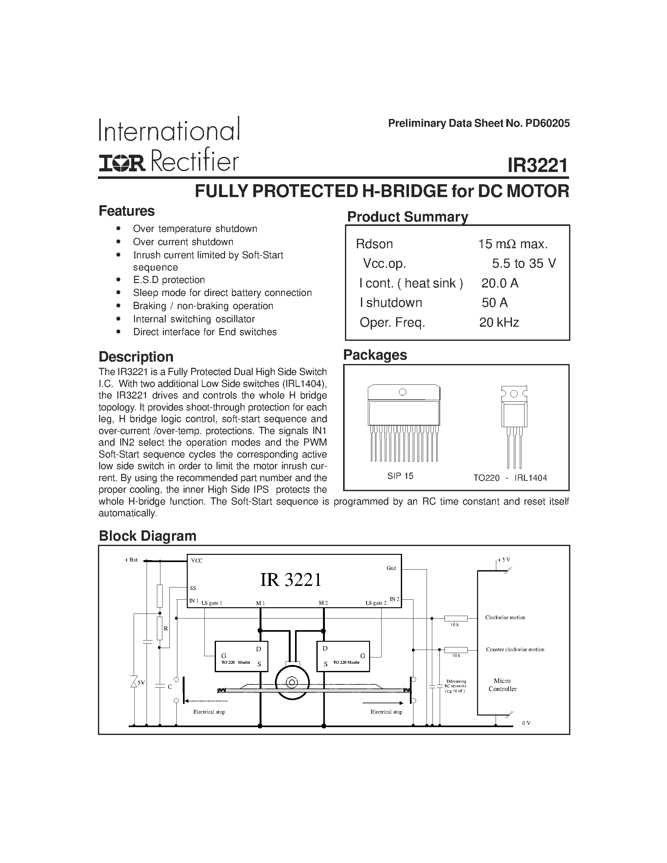 Даташит IR3221 - FULLY PROTECTED H-BRIDGE for DC MOTOR страница 1