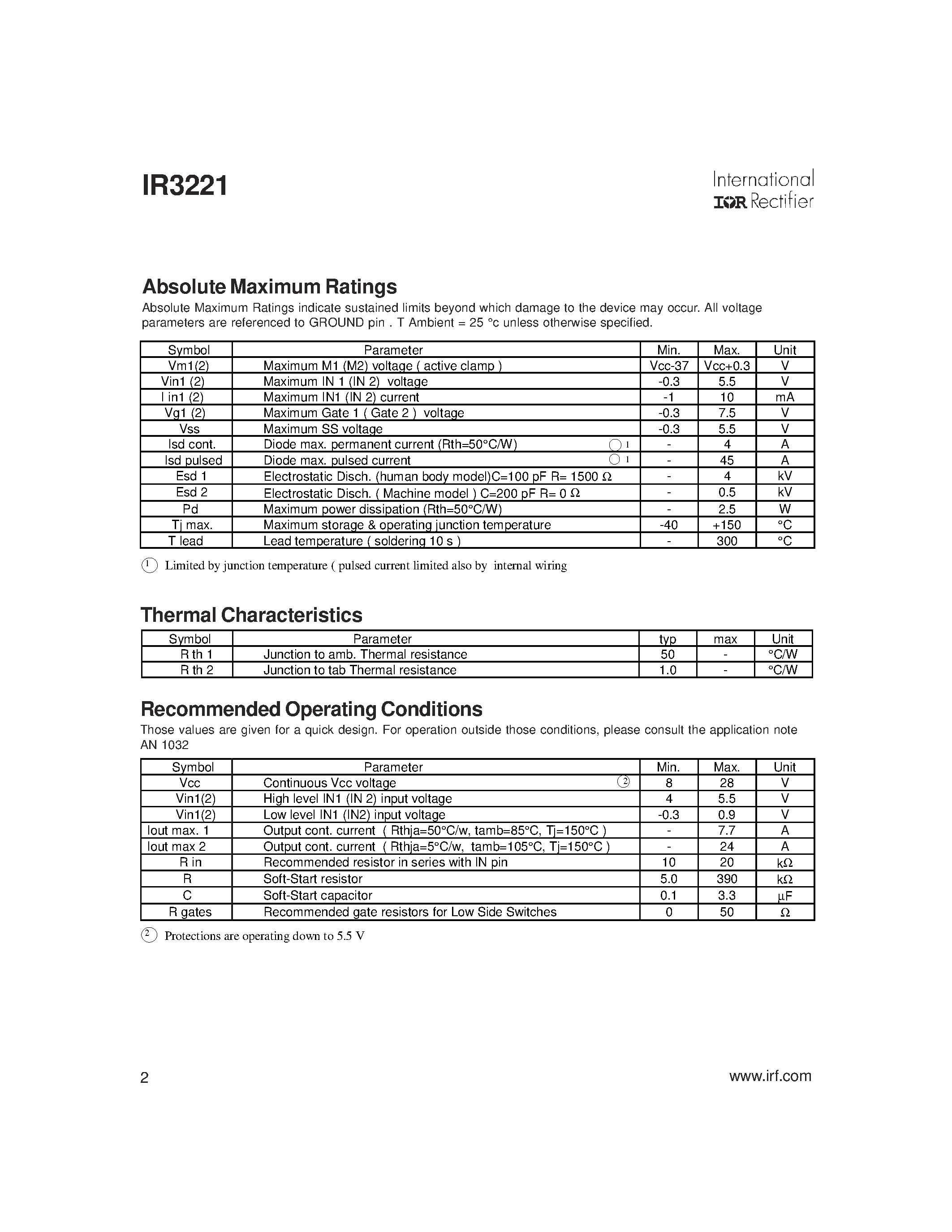 Даташит IR3221 - FULLY PROTECTED H-BRIDGE for DC MOTOR страница 2