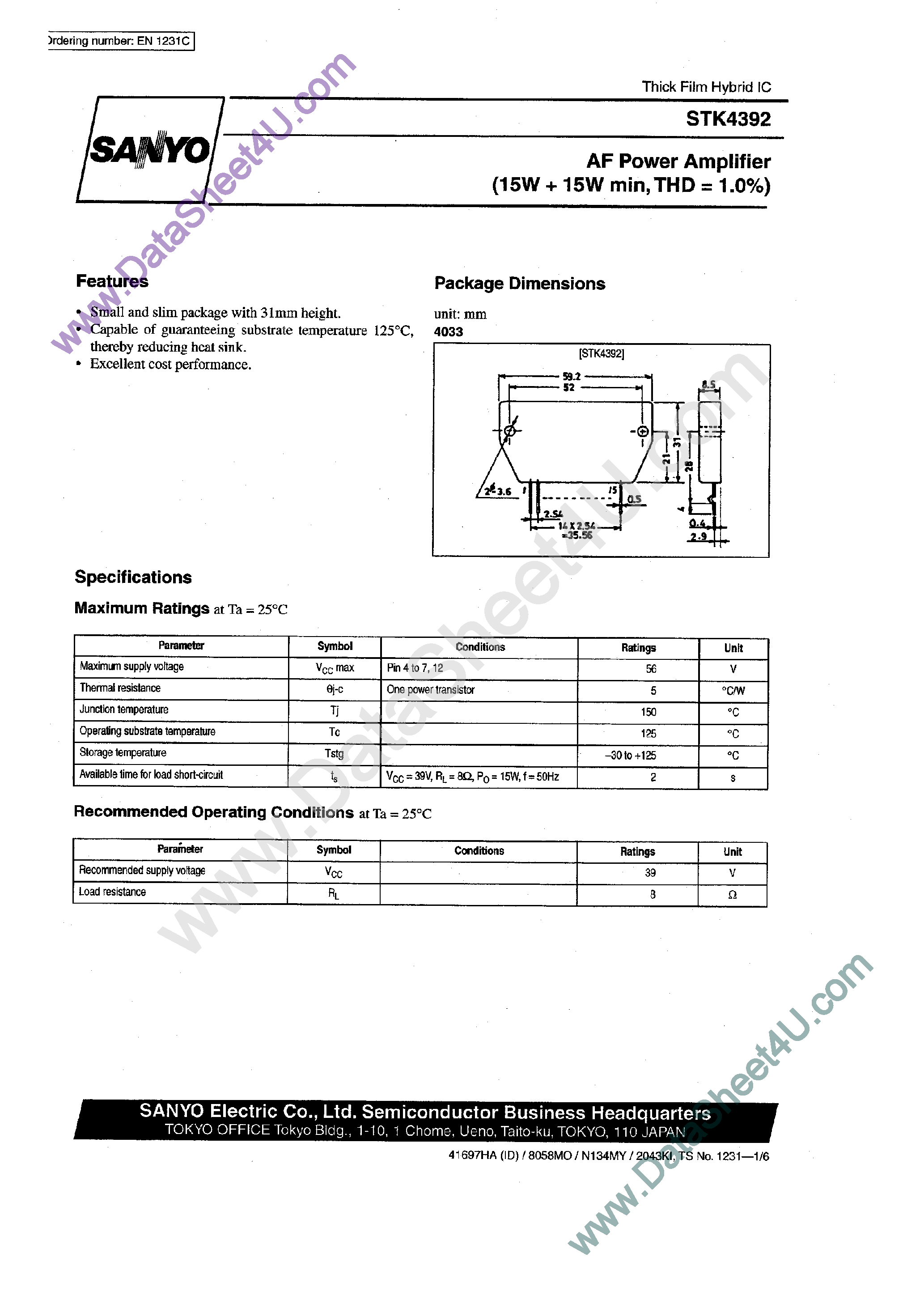 Datasheet STK4392 - AF Power Amplifier page 1