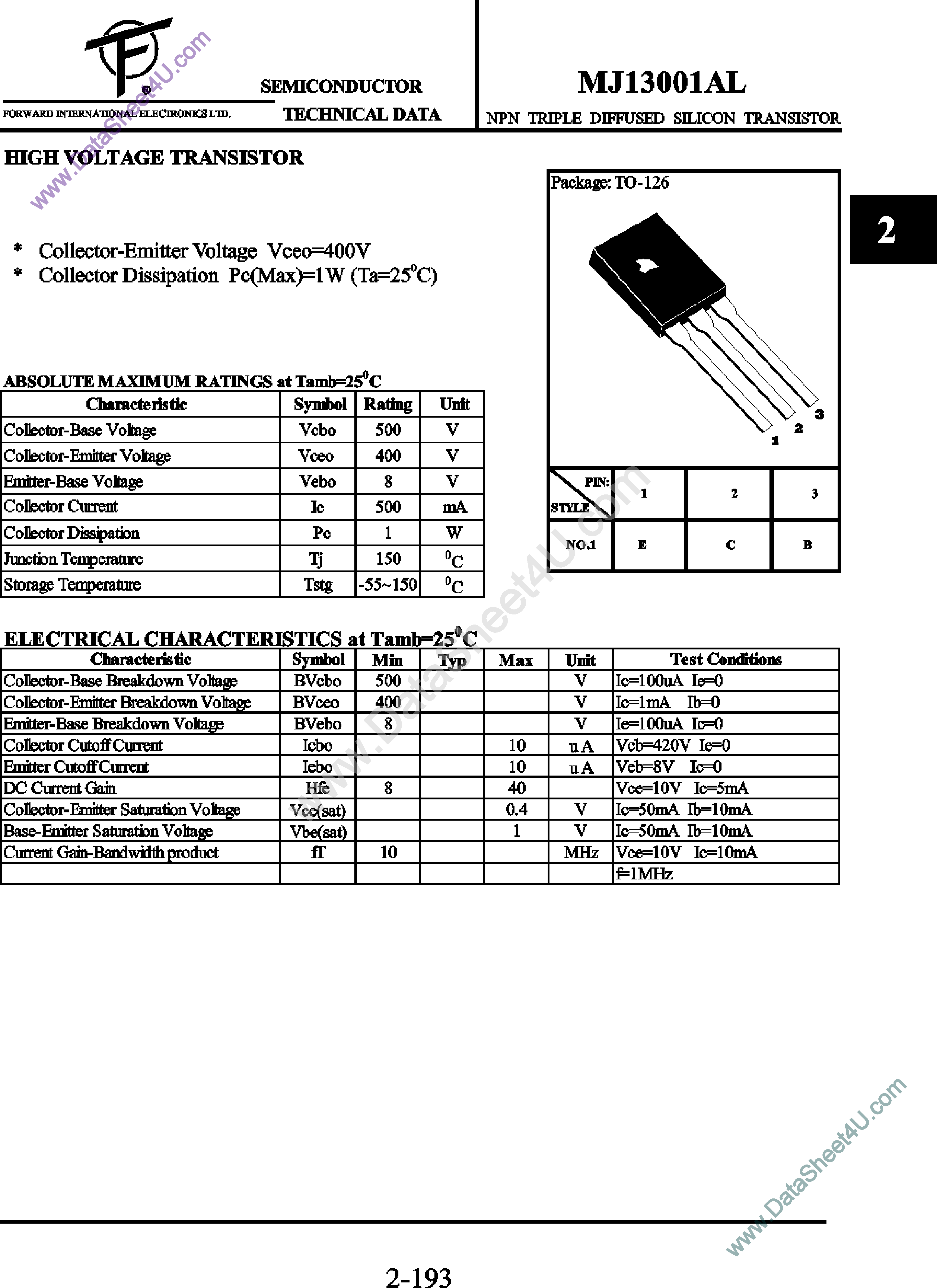 Datasheet MJE13001AL - NPN Triple Diffused Silicon Transistor page 1