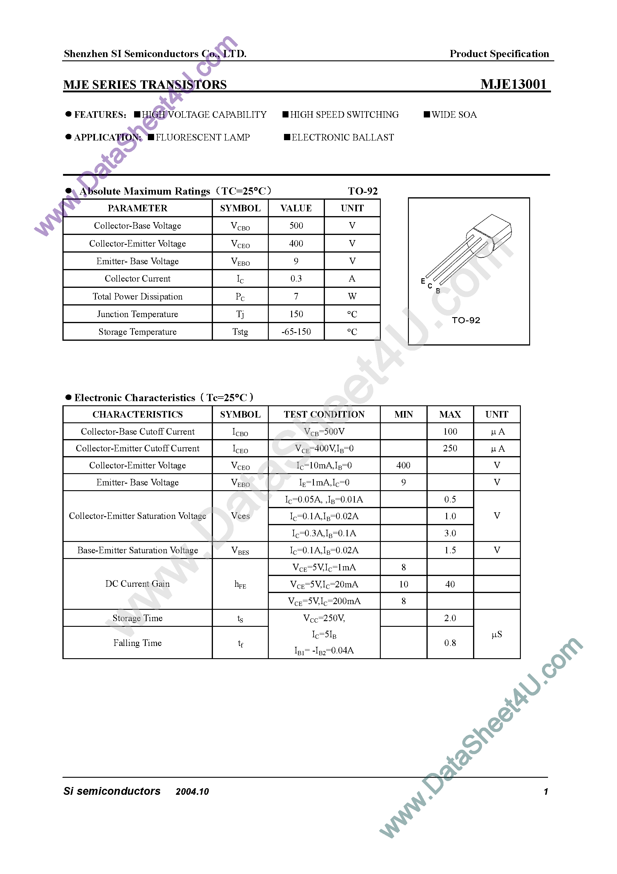 Datasheet MJE13001 - Transistors page 1