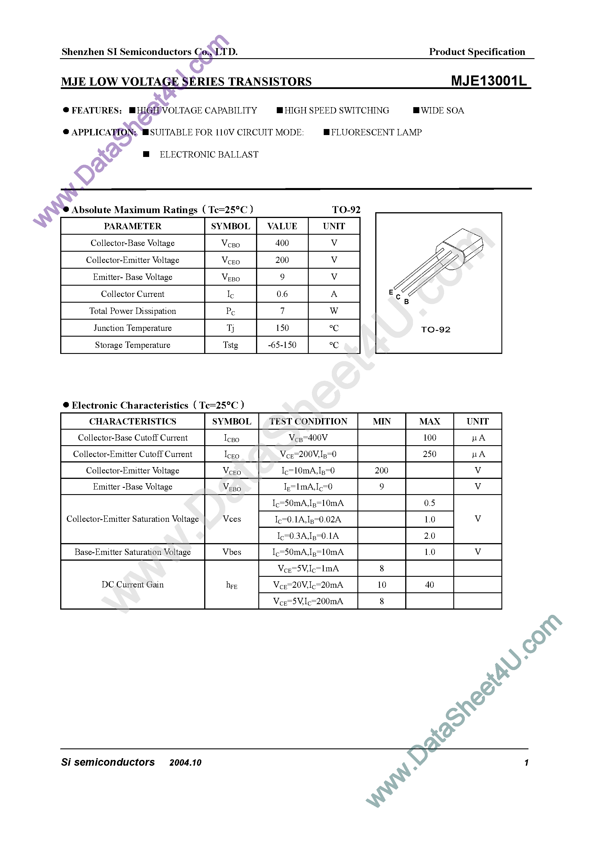 Datasheet MJE13001L - Transistors page 1