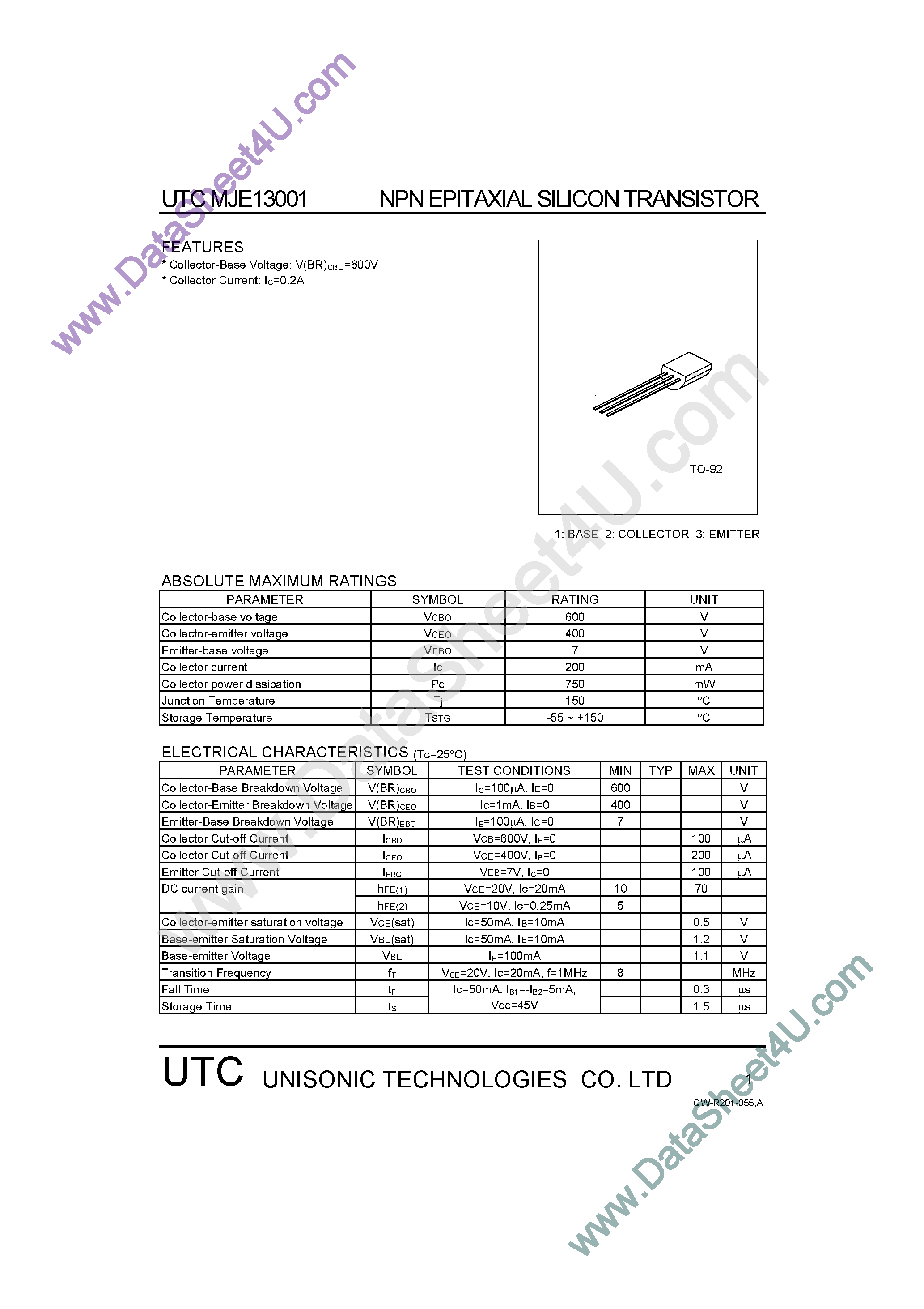 Datasheet MJE13001 - NPN Epitaxial Silicon Transistor page 1