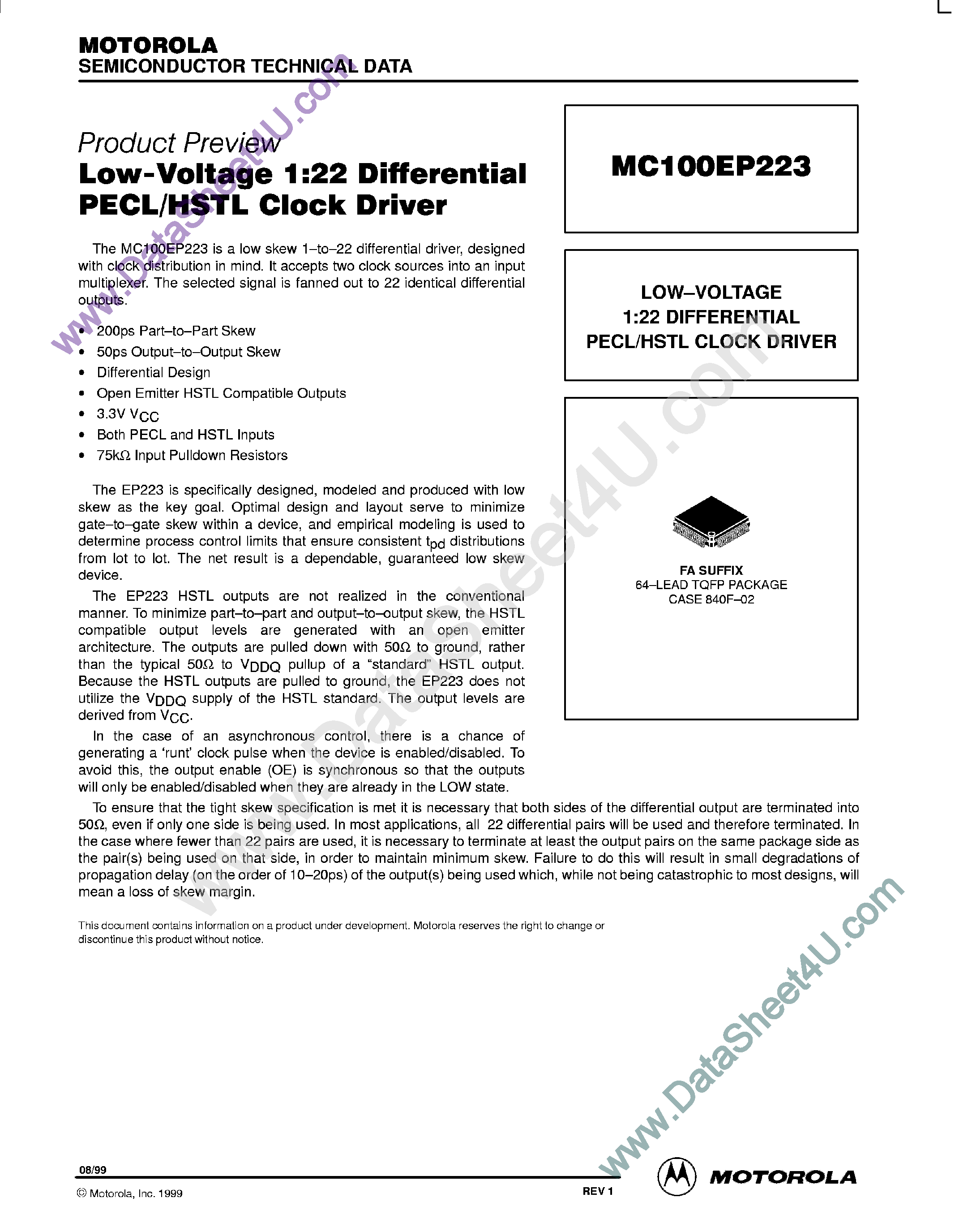 Datasheet MC100EP223 - Low Voltage 1:22 Differential PECL/HSTL Clock Driver page 1