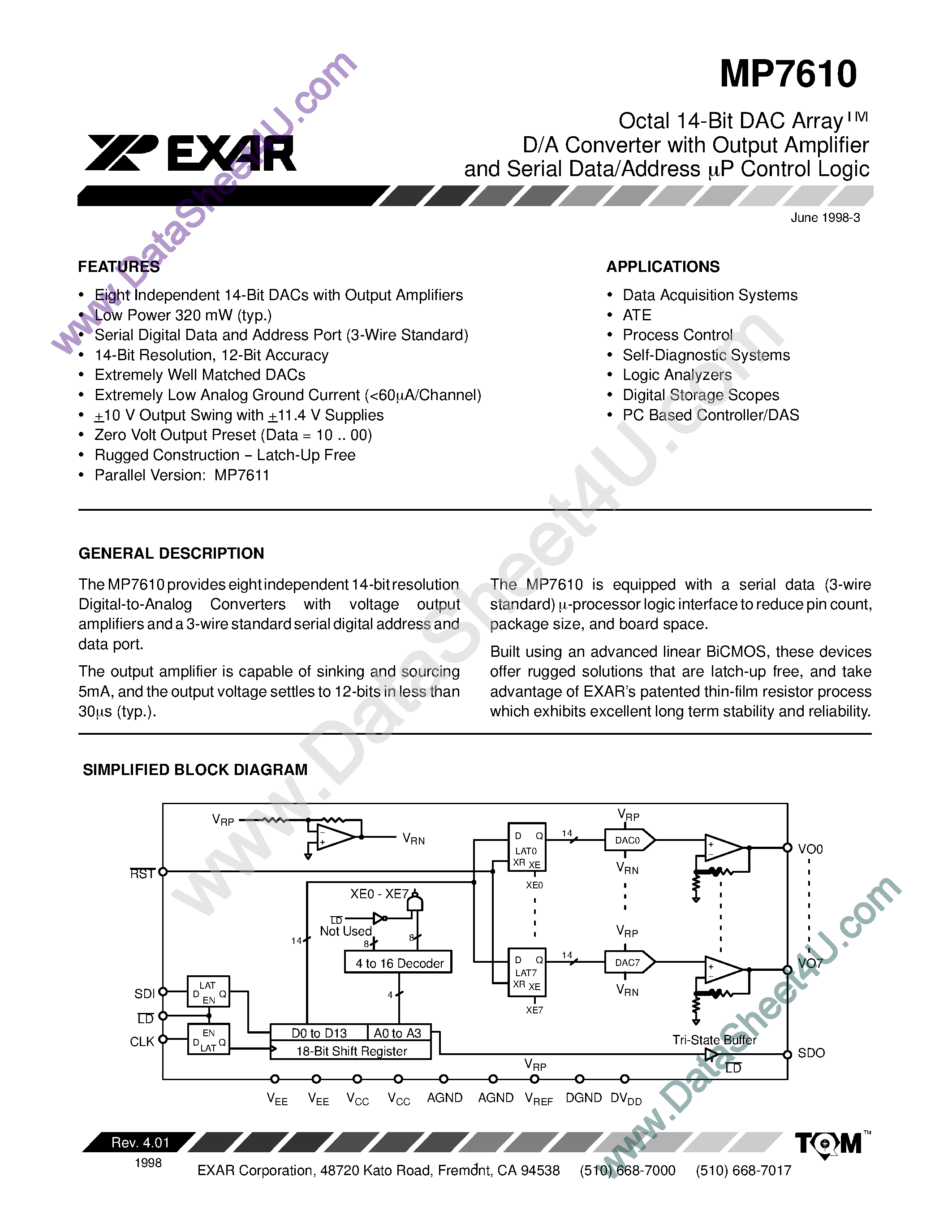 Даташит MP7610 - D/A Converter with Output Amplifier and Serial Data/Address mP Control Logic страница 1