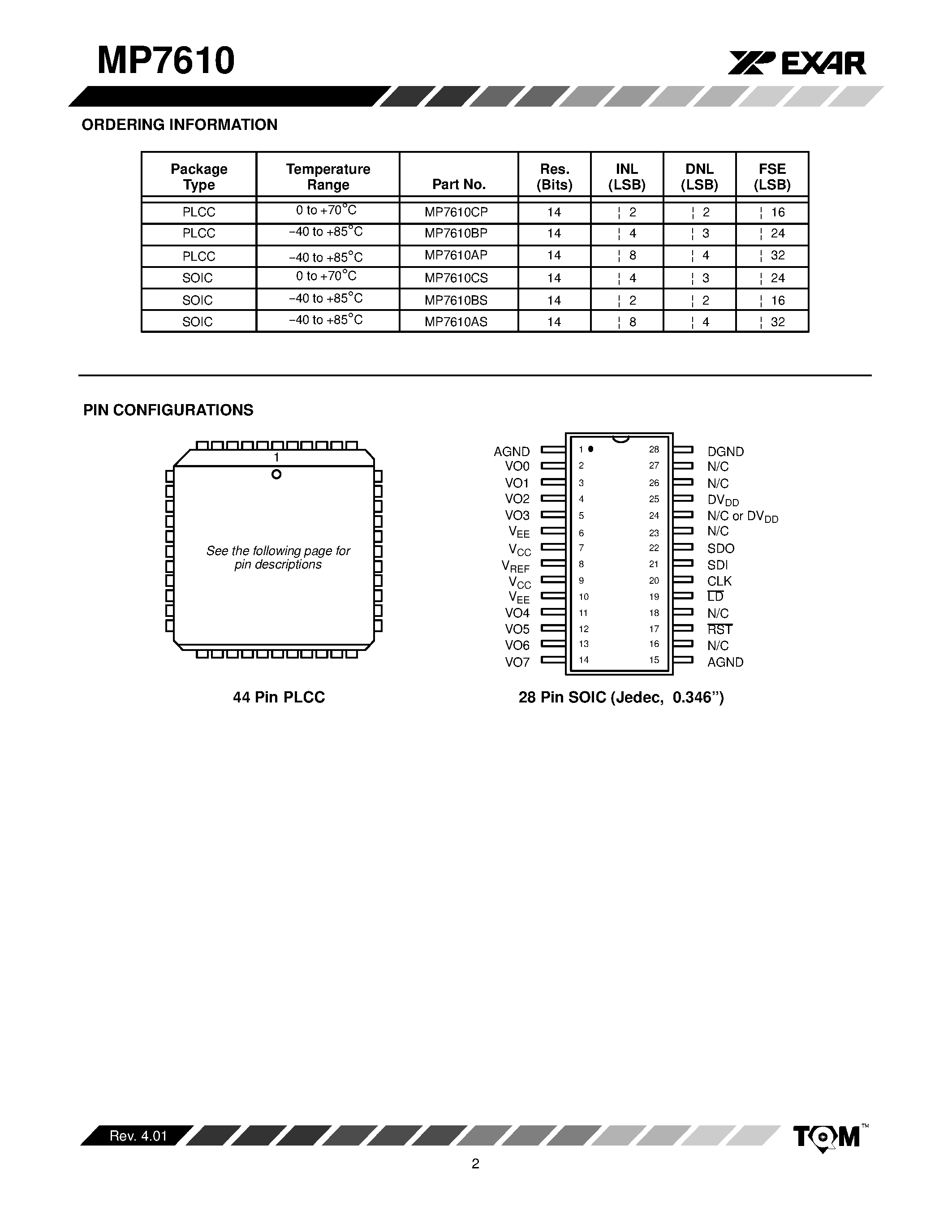 Даташит MP7610 - D/A Converter with Output Amplifier and Serial Data/Address mP Control Logic страница 2