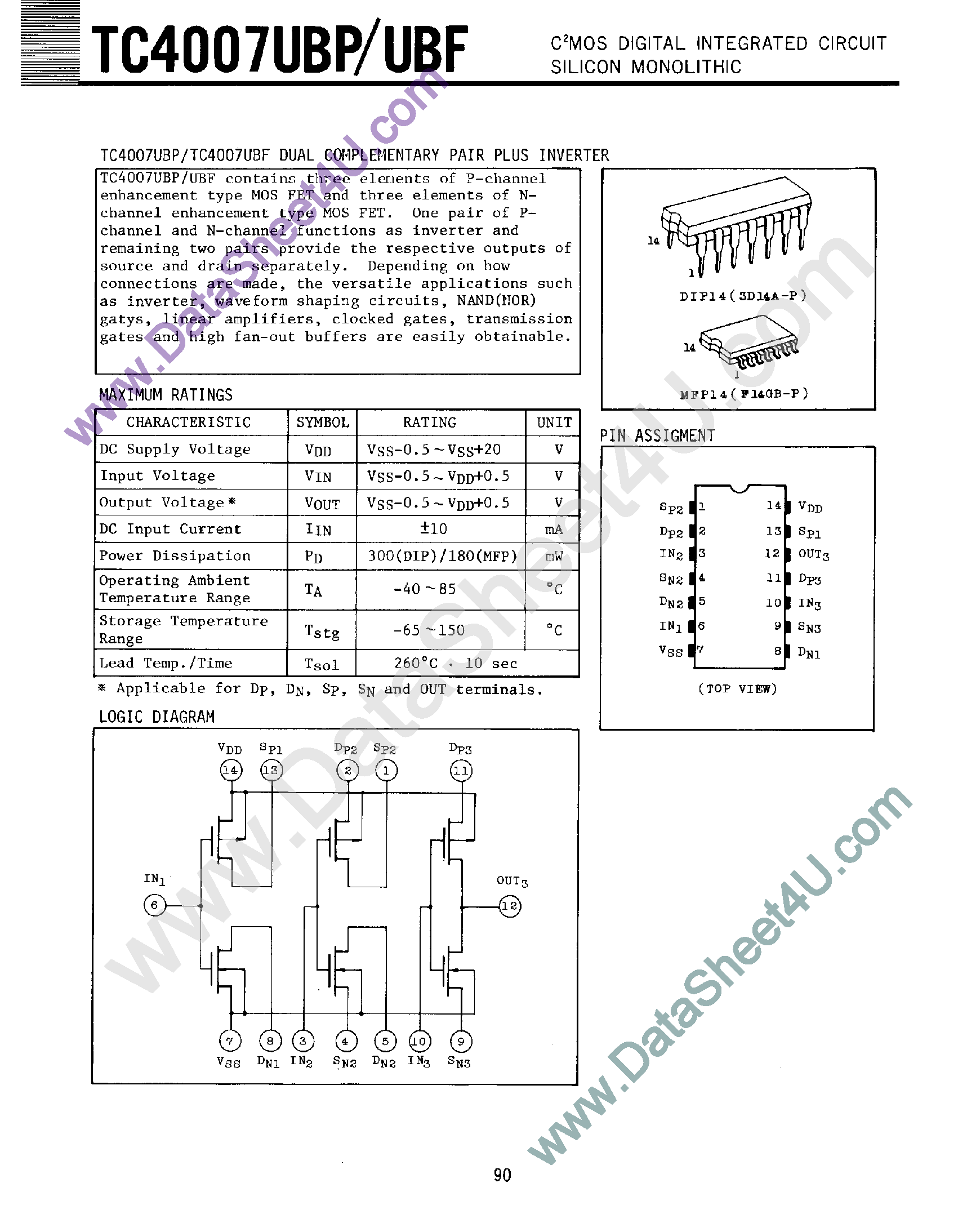 Даташит TC4007 - CMOS DIGITAL INTEGRATED CIRCUIT SILICON MONOLITHIC страница 1