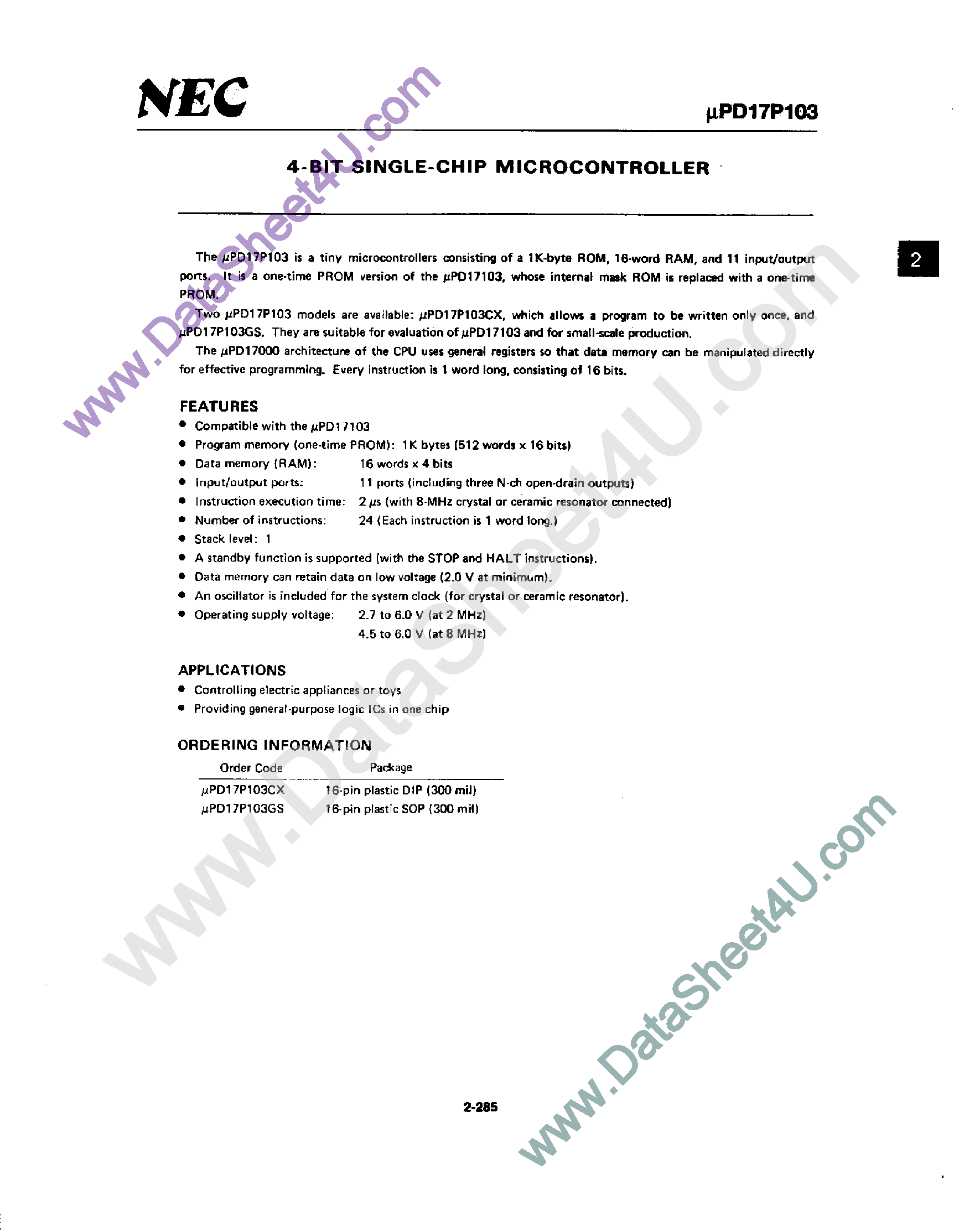 Datasheet UPD17103 - 4-Bit Single-Chip Microcontroller page 1