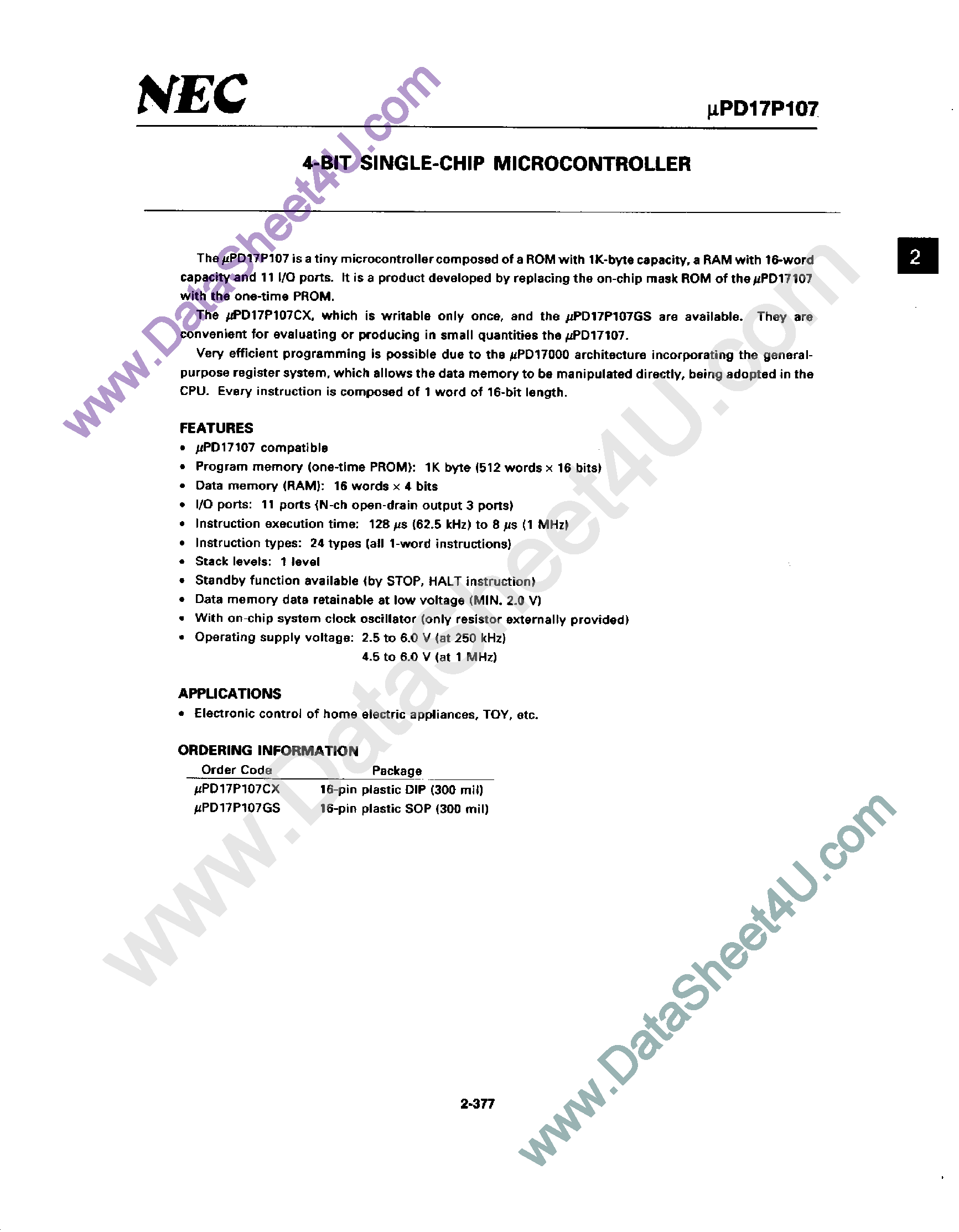 Datasheet UPD17107 - 4-Bit Single-Chip Microcontroller page 1