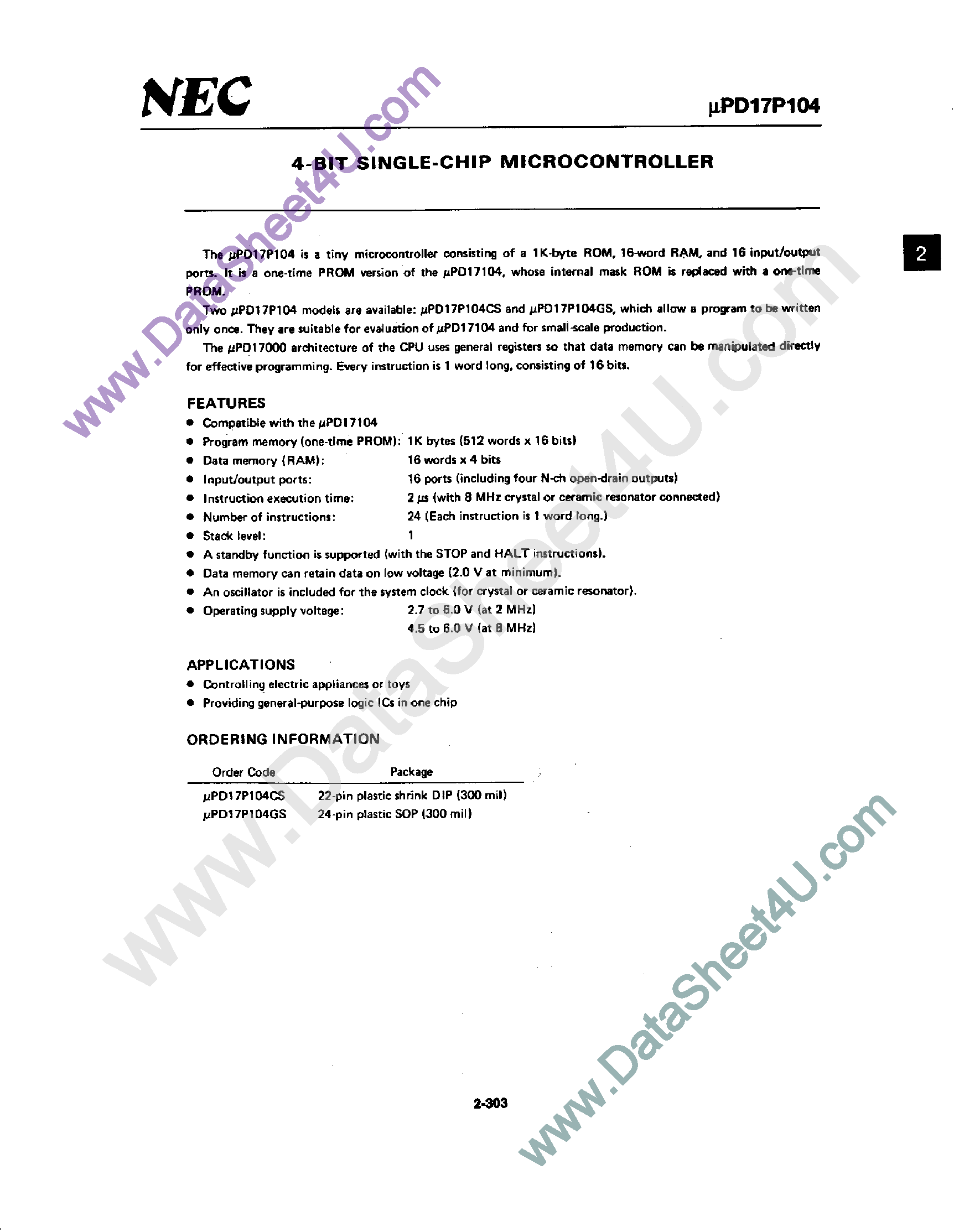 Datasheet UPD17104 - 4-Bit Single-Chip Microcontroller page 1