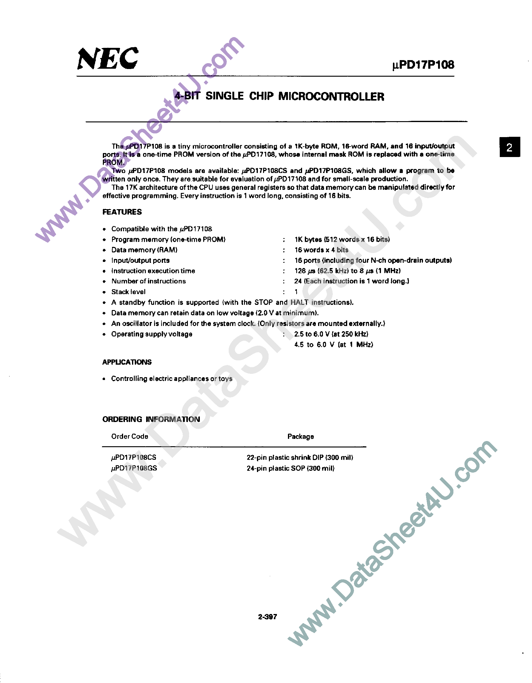 Datasheet UPD17108 - 4-Bit Single-Chip Microcontroller page 1