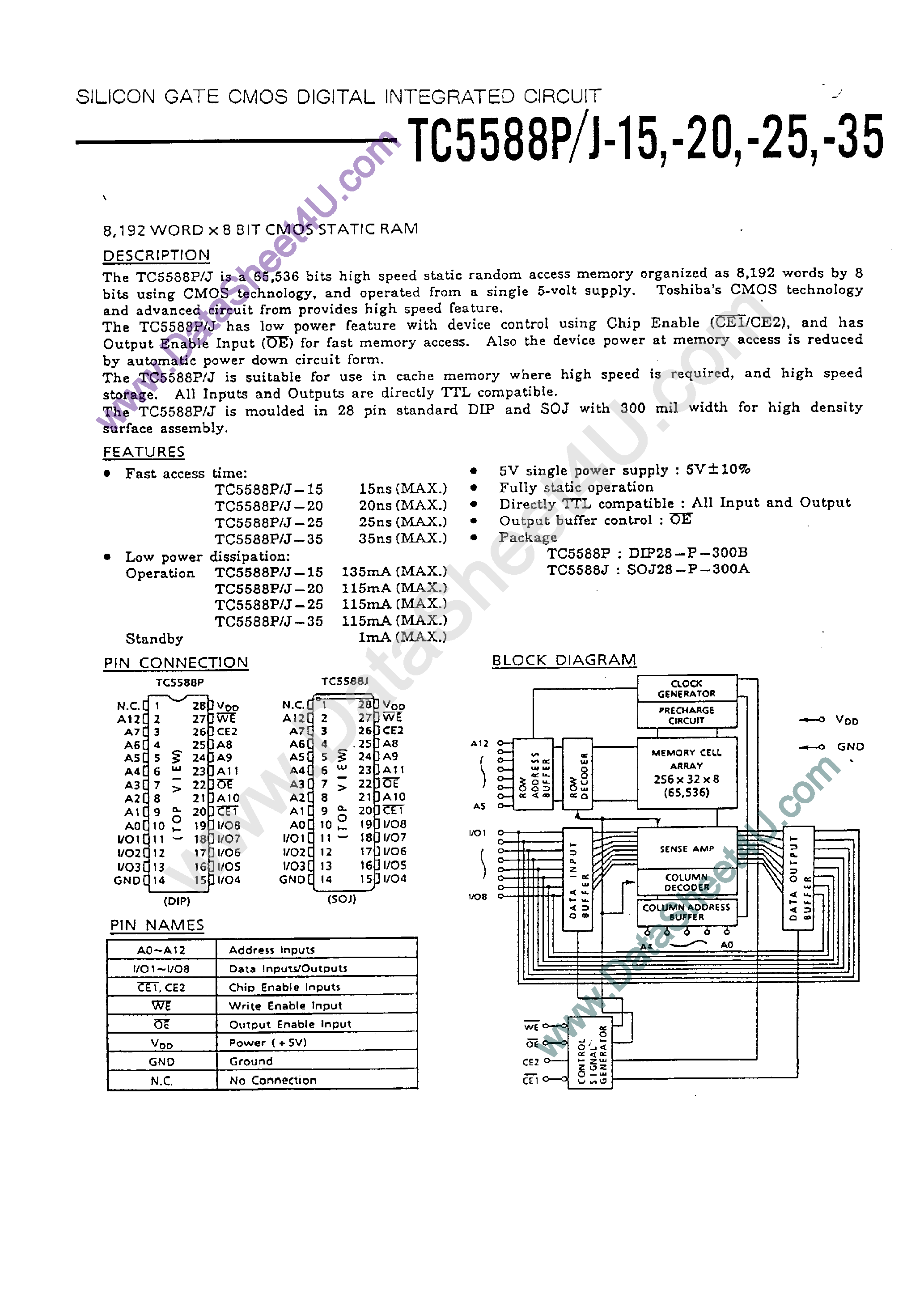 Datasheet TC5588J - 8192 x 8-Bit CMOS Static RAM page 1