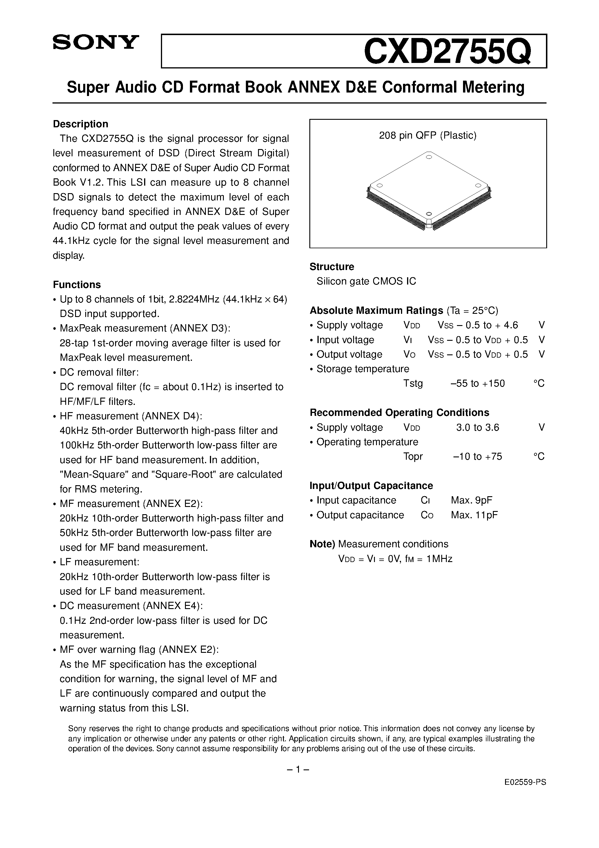 Datasheet CXD2755Q - Super Audio CD Format Book Annex D&E Conformalmetering page 1