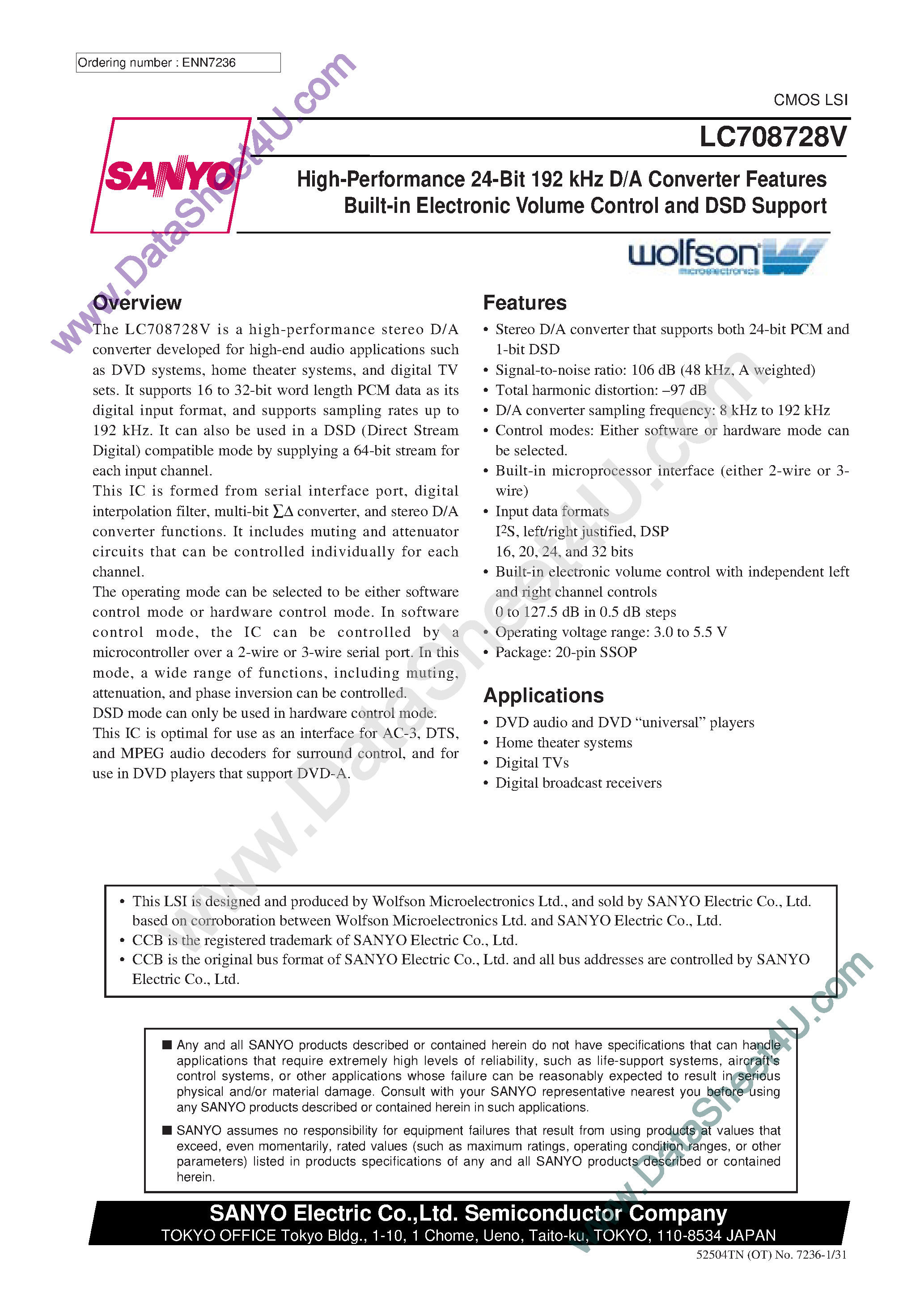 Datasheet LC708728V - High Performance 24-Bit D/A Converter Features page 1