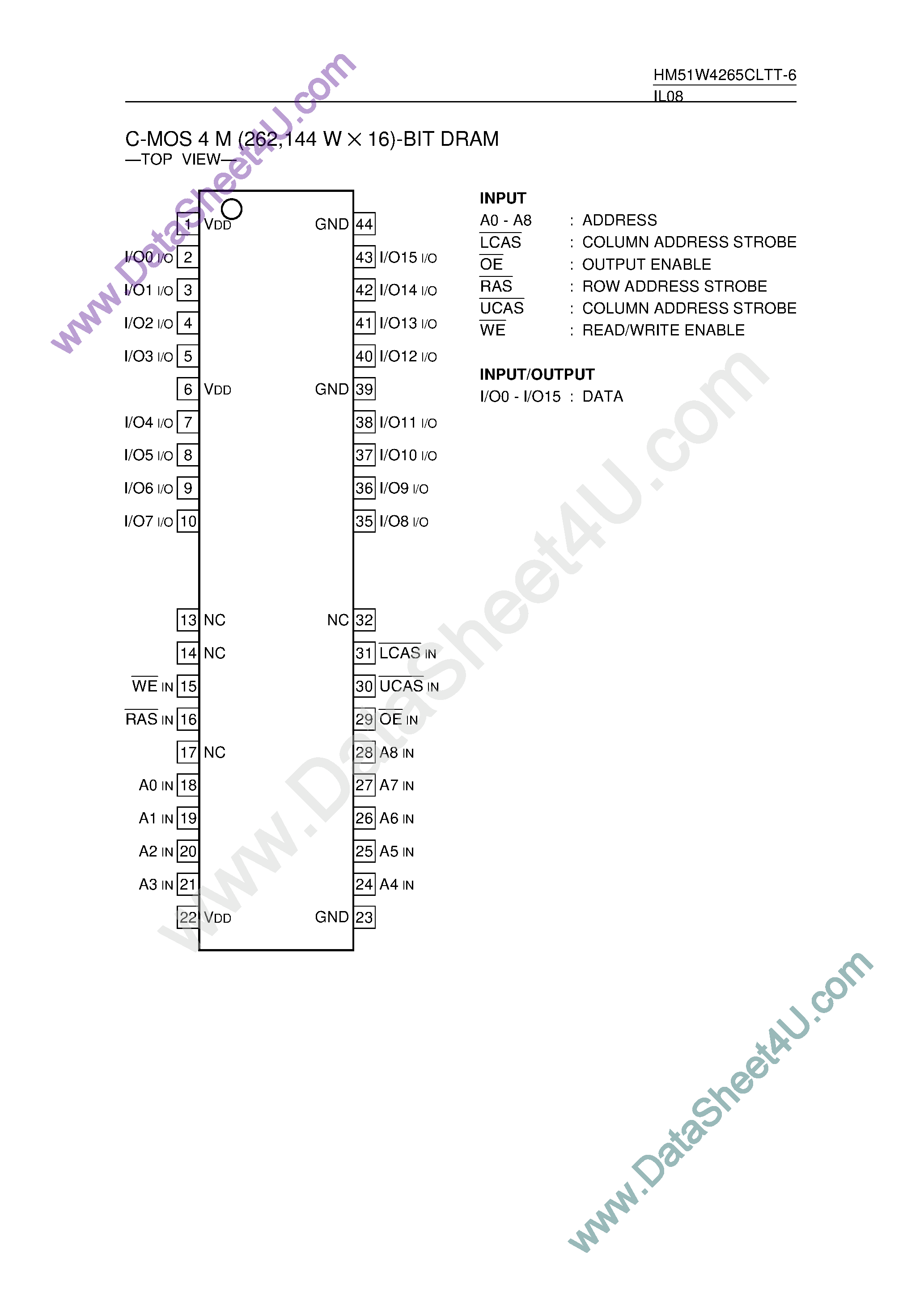 Даташит HM51W4265CLTT-6 - CMOS 4M DRAM страница 1