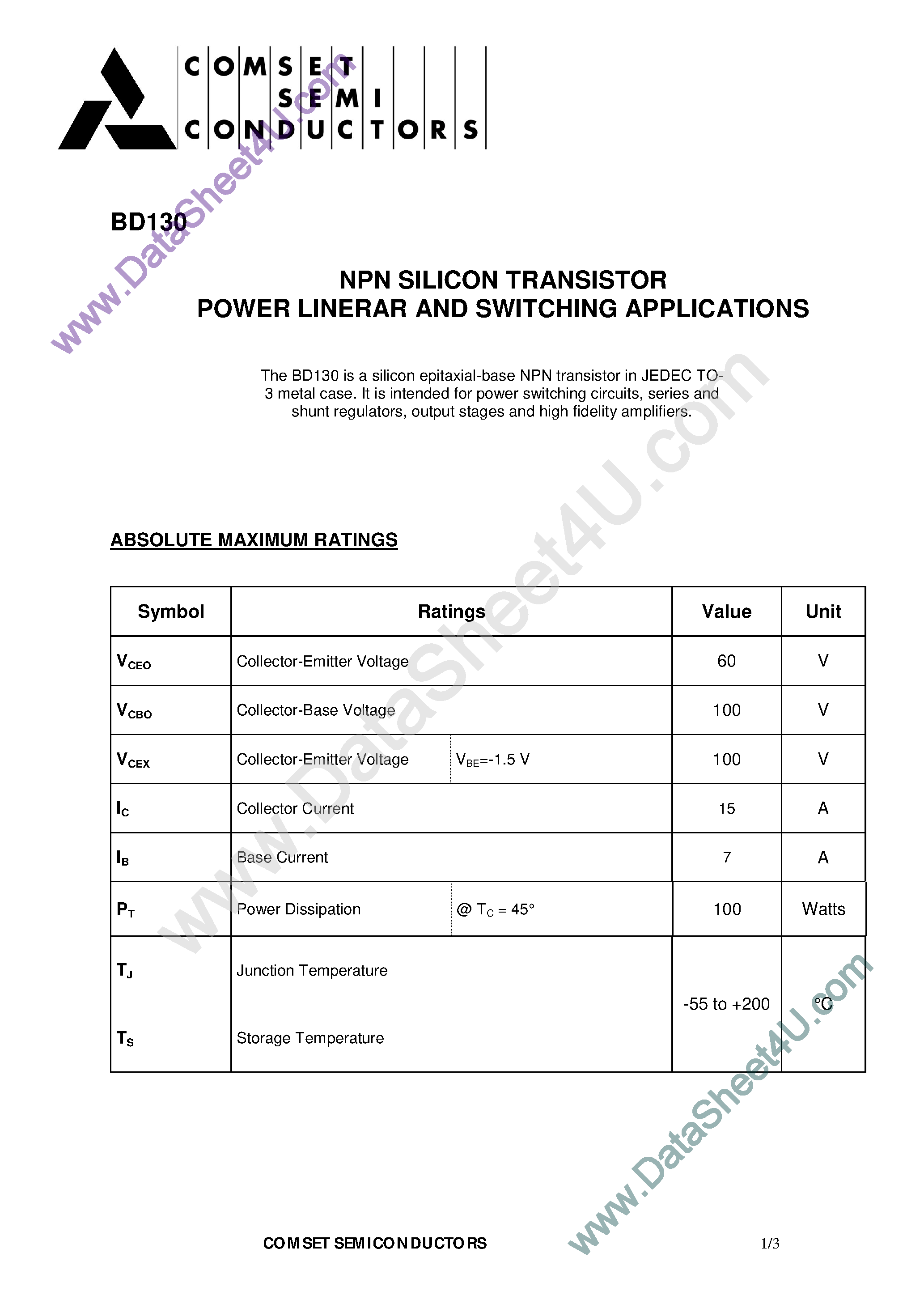Datasheet BD130 - NPN Silicon Transistor page 1