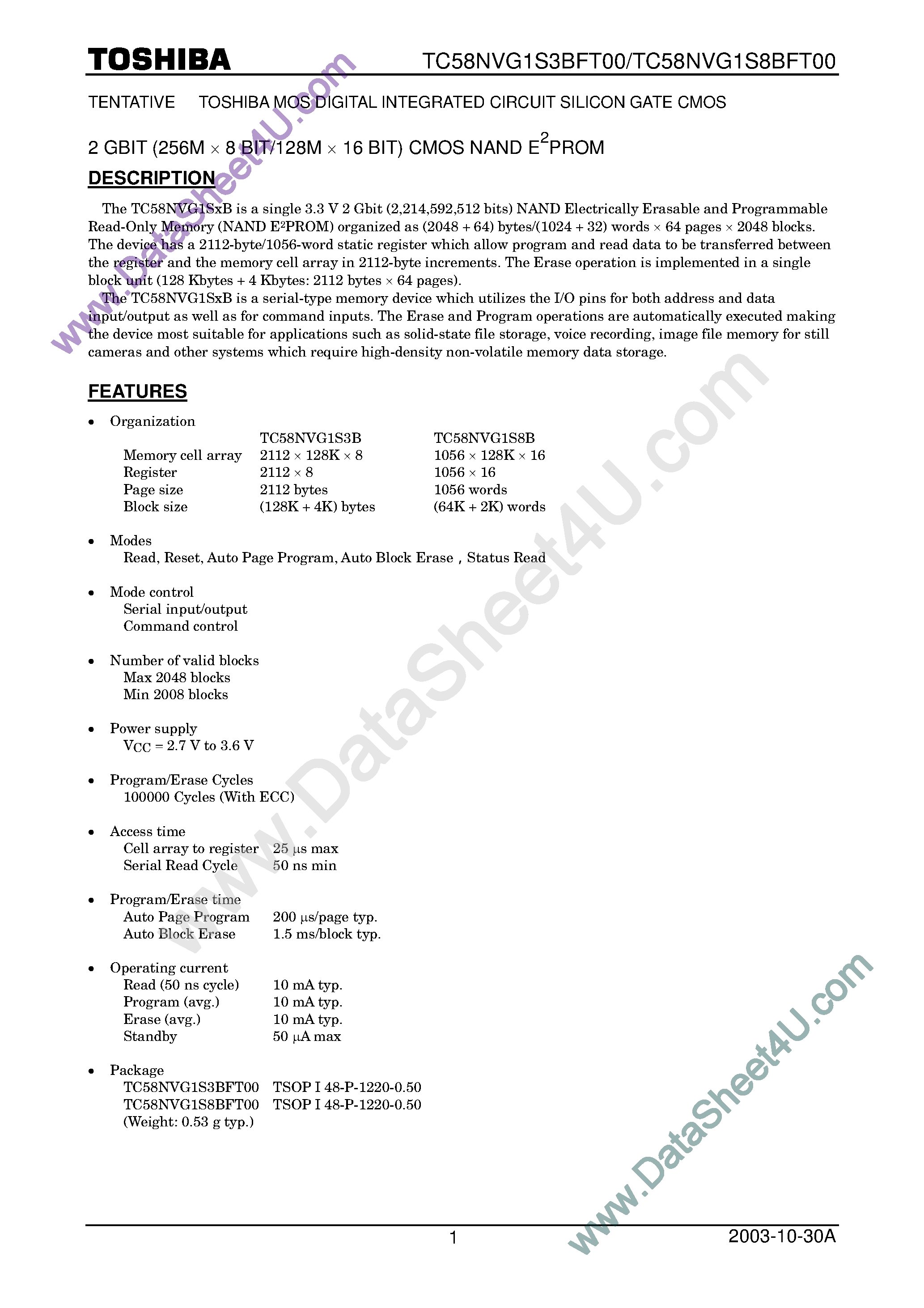 Даташит TC58NVG1S3BFT00 - (TC58NVG1S3BFT00) 2 GBit CMOS NAND EPROM страница 1