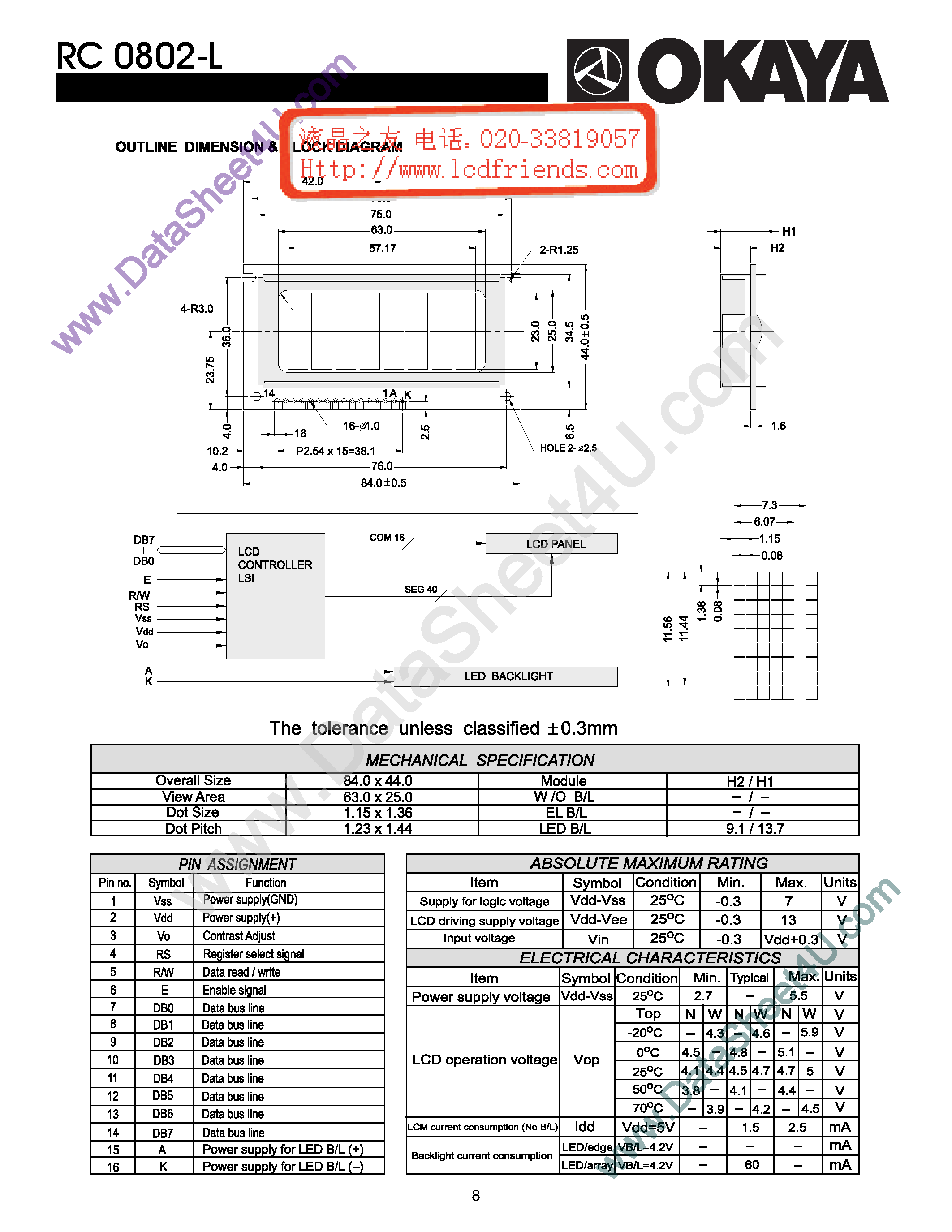 Datasheet RC0802-L - LCD_Module page 1