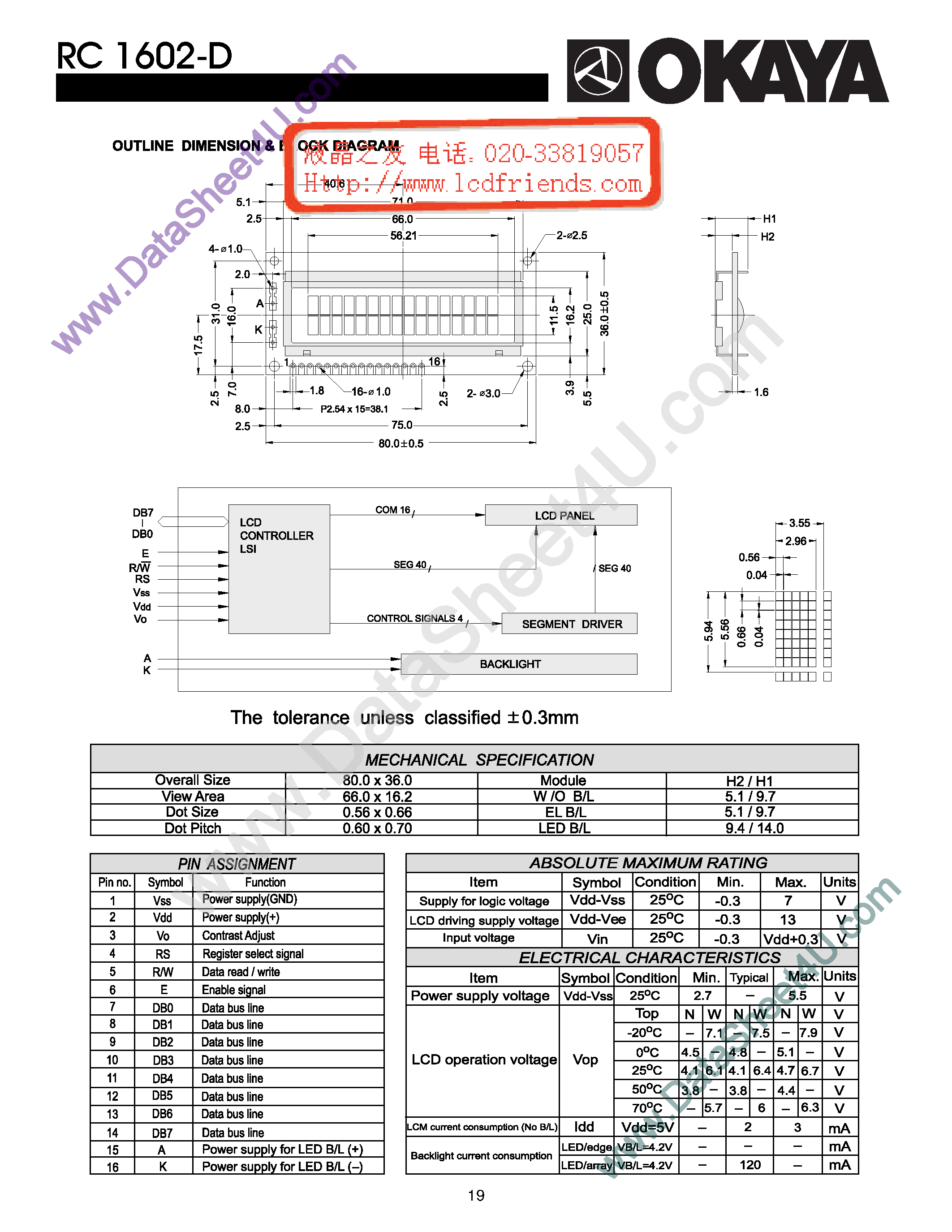 Datasheet RC1602-D - LCD_Module page 1