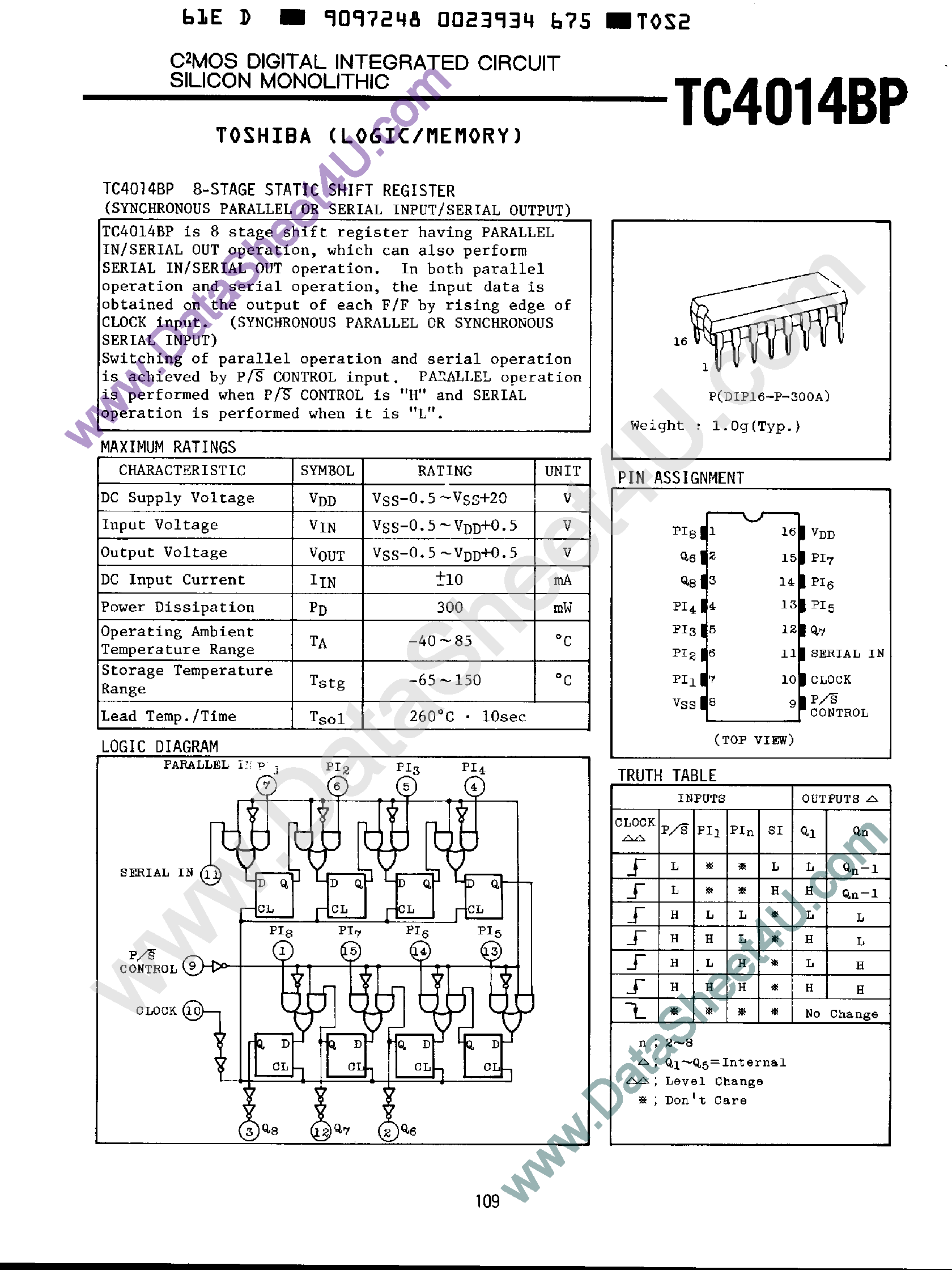 Даташит TC4014BP - 8-Stage Static Shift Register страница 1