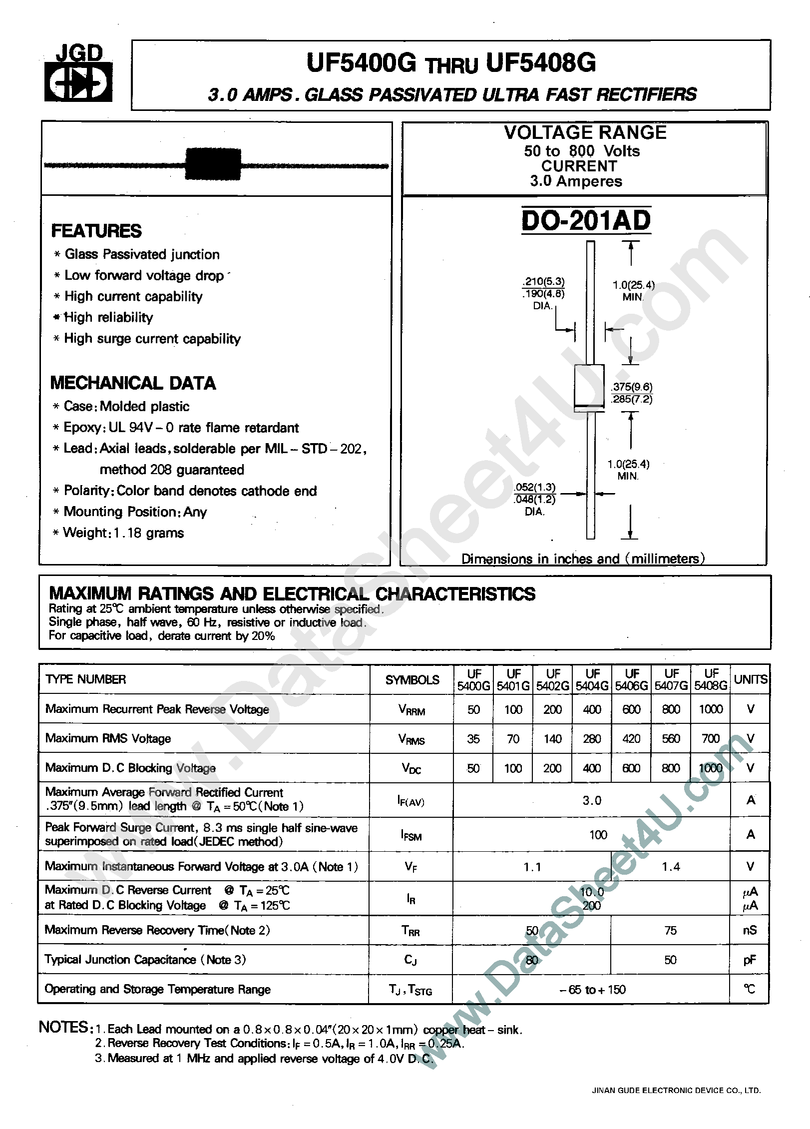 Datasheet UF5400G - (UF5400G - UF5408G) 3.0 AMP. GLASS PASSIVATED ULTRA FAST RECTIFIERS page 1