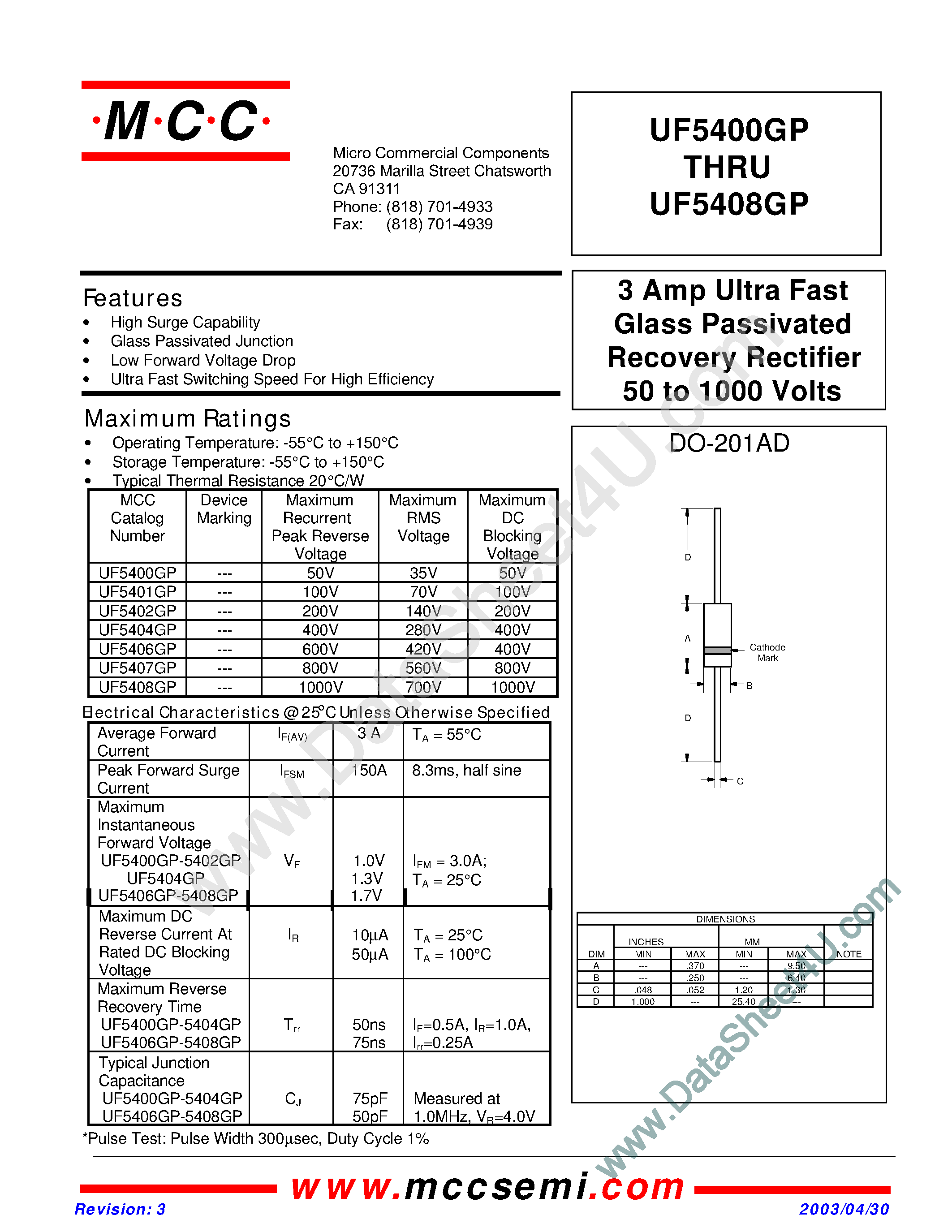 Даташит UF5400GP - (UF5400GP - UF5408GP) 3 Amp Ultra Fast Glass Passivated Recovery Rectifier 50 to 1000 Volts страница 1