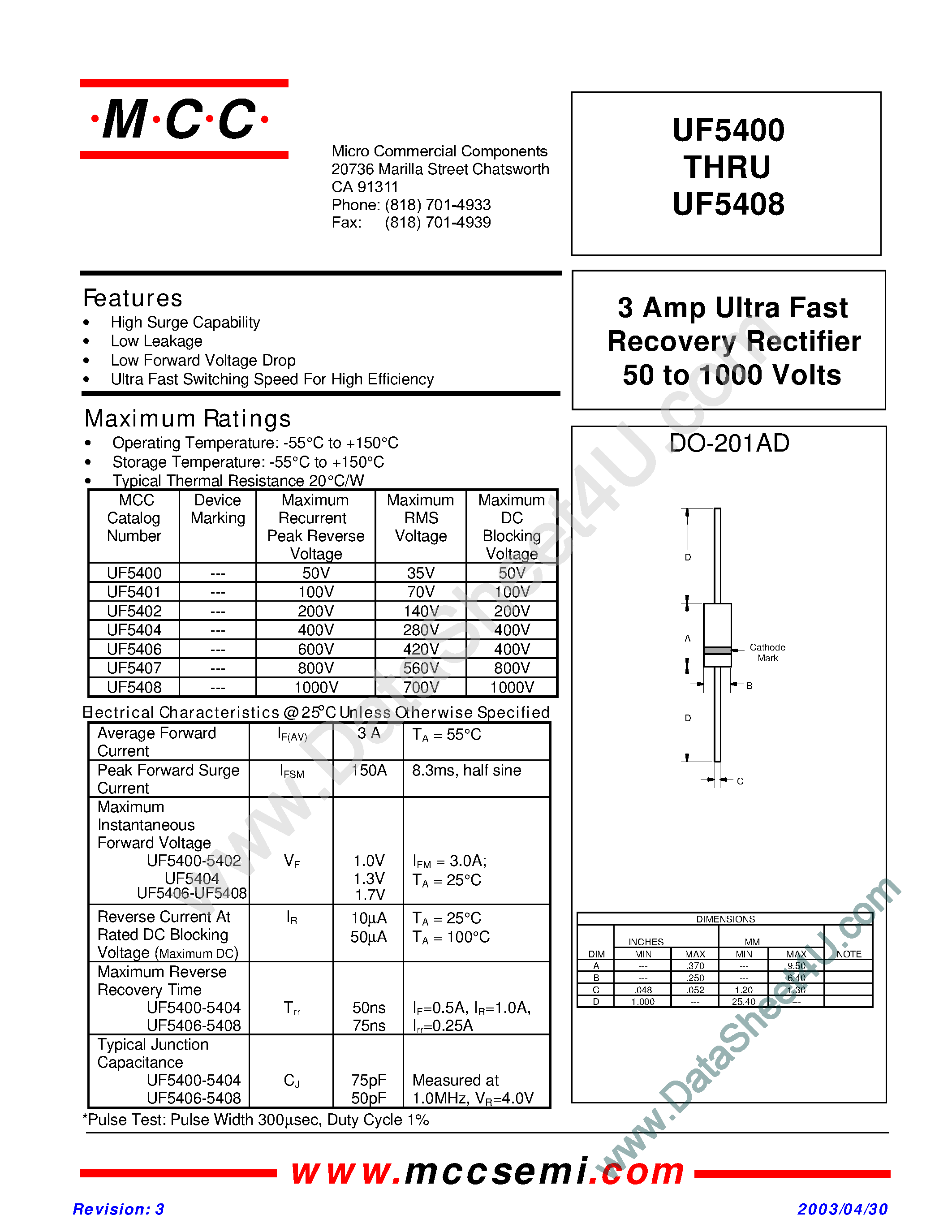 Даташит UF5400 - (UF5400 - UF5408) 3 Amp Ultra Fast Glass Passivated Recovery Rectifier 50 to 1000 Volts страница 1