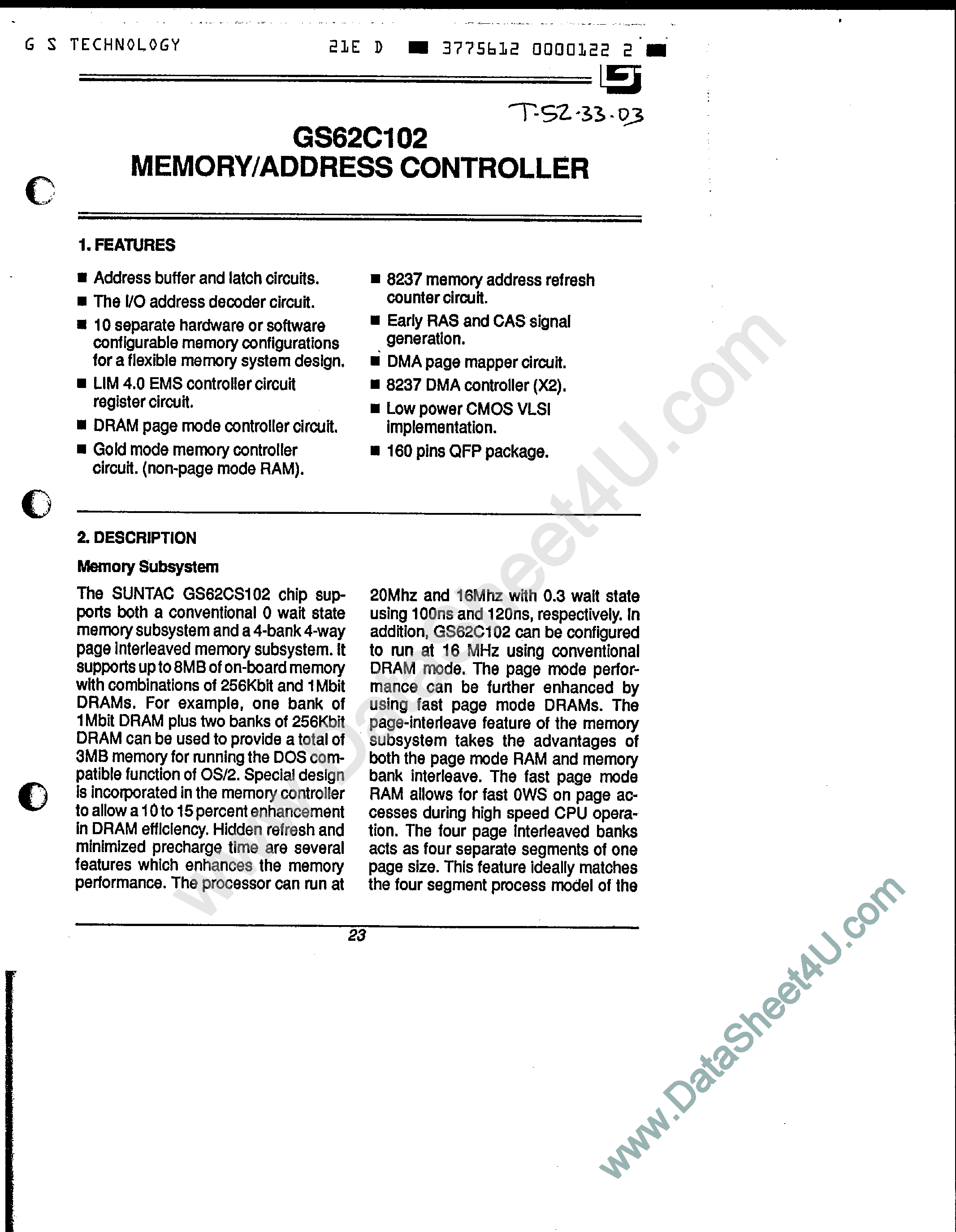 Datasheet GS62C102 - Memory / Address Controller page 1