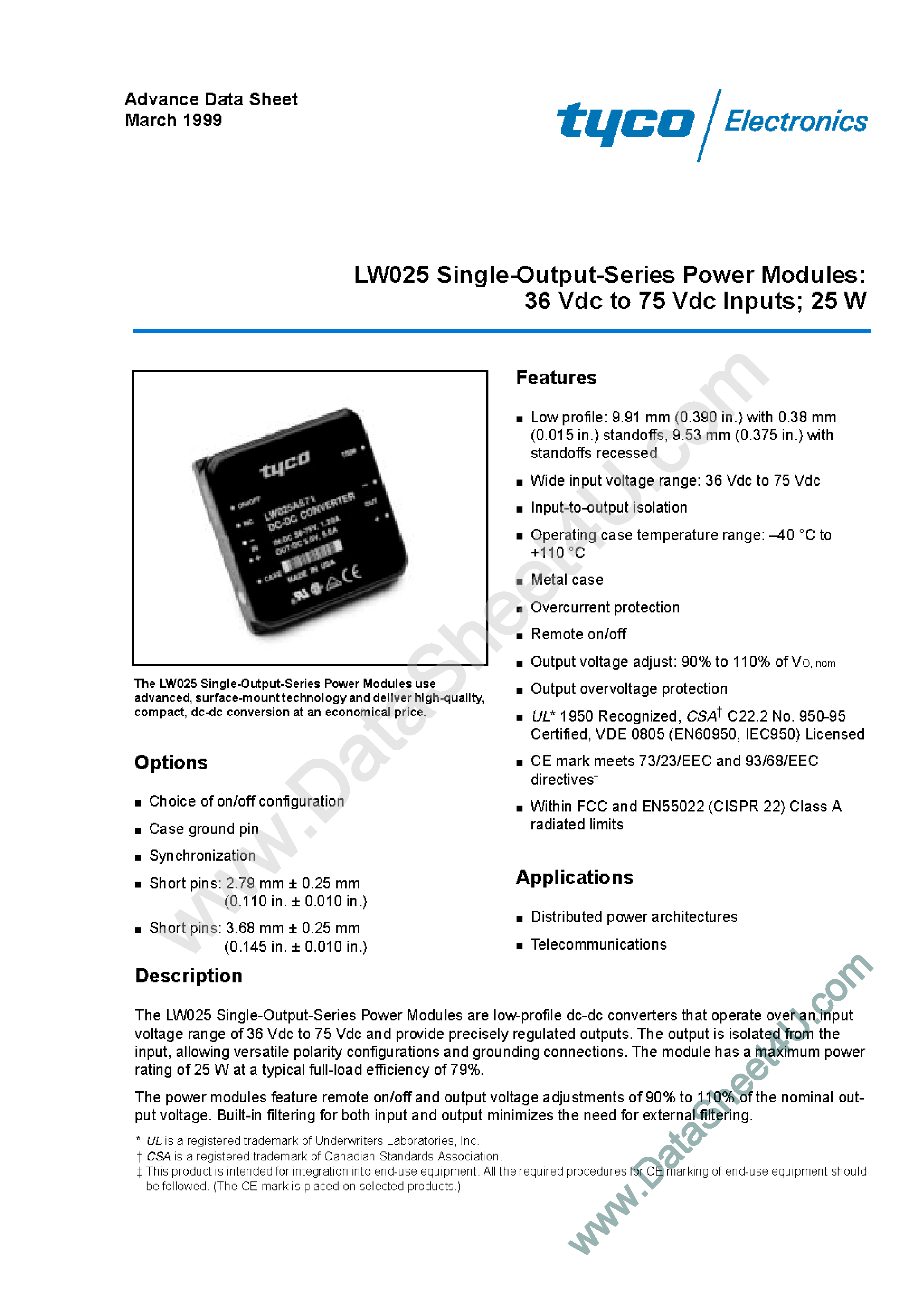 Даташит LW025 - LW025 Single-Output-Series Power Modules 36 Vdc to 75 Vdc Inputs 25 W страница 1