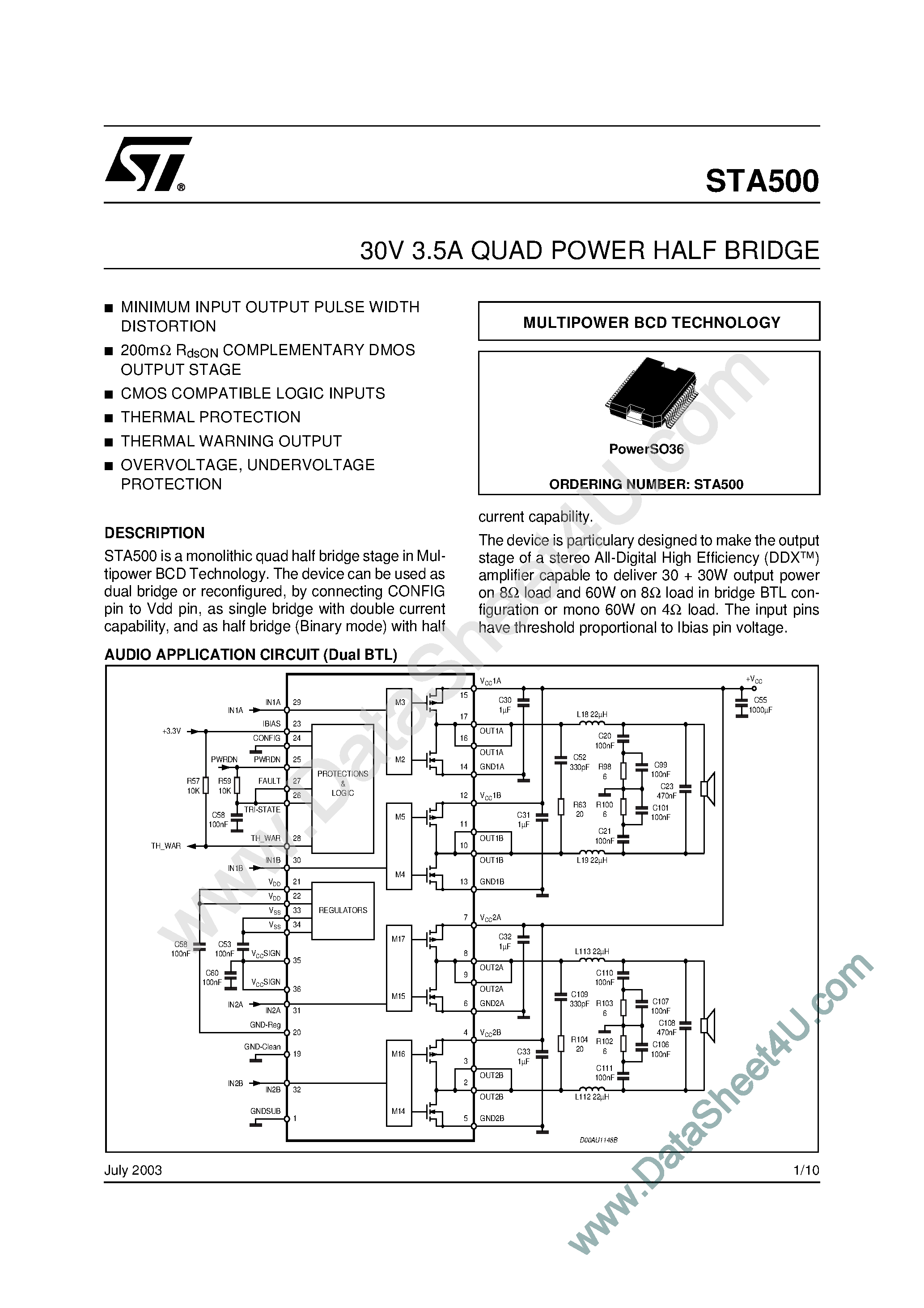 Даташит STA500 - 30V 3.5A QUAD POWER HALF BRIDGE страница 1