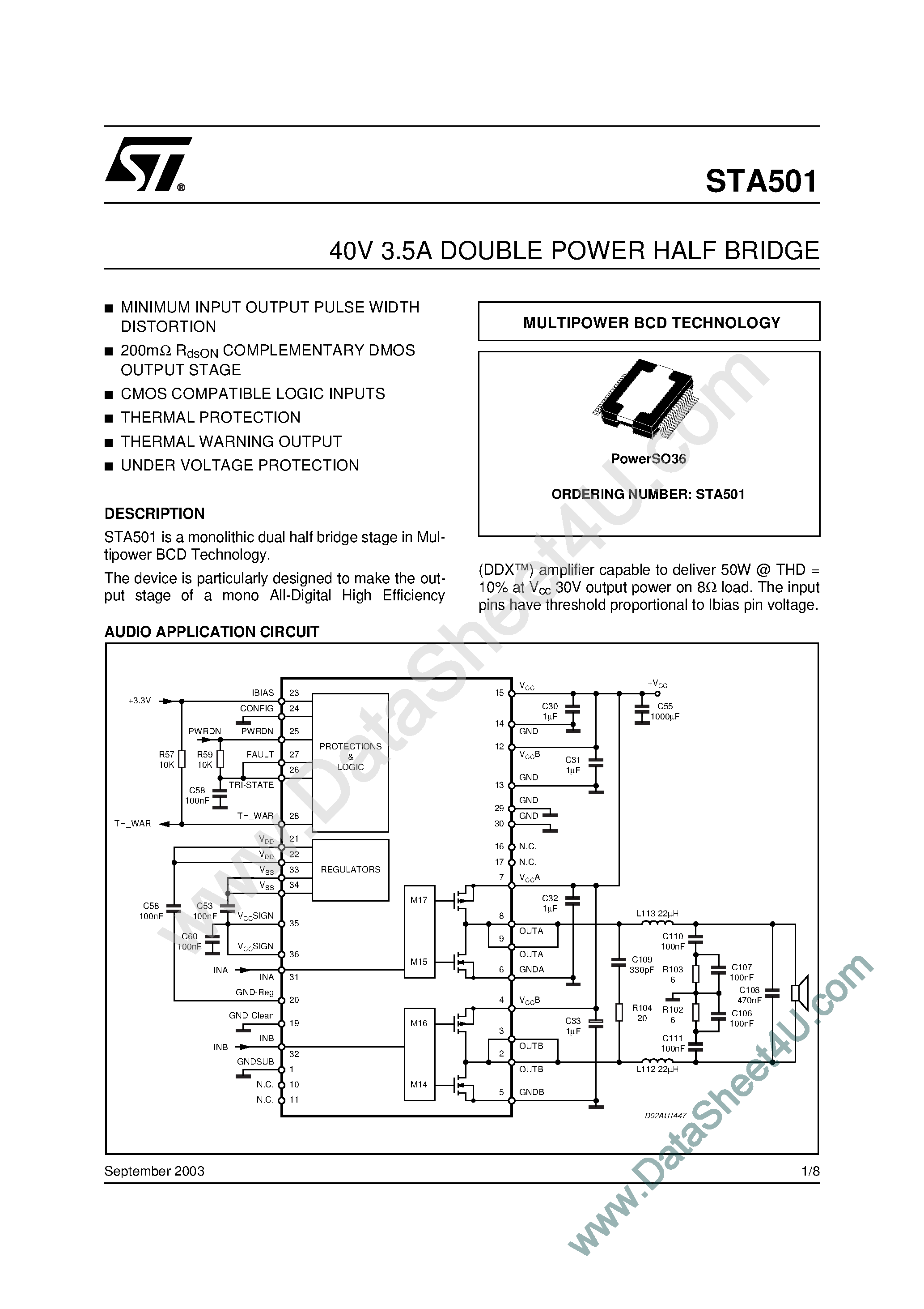 Даташит STA501 - 40V 3.5A Double Power Half Bridge страница 1