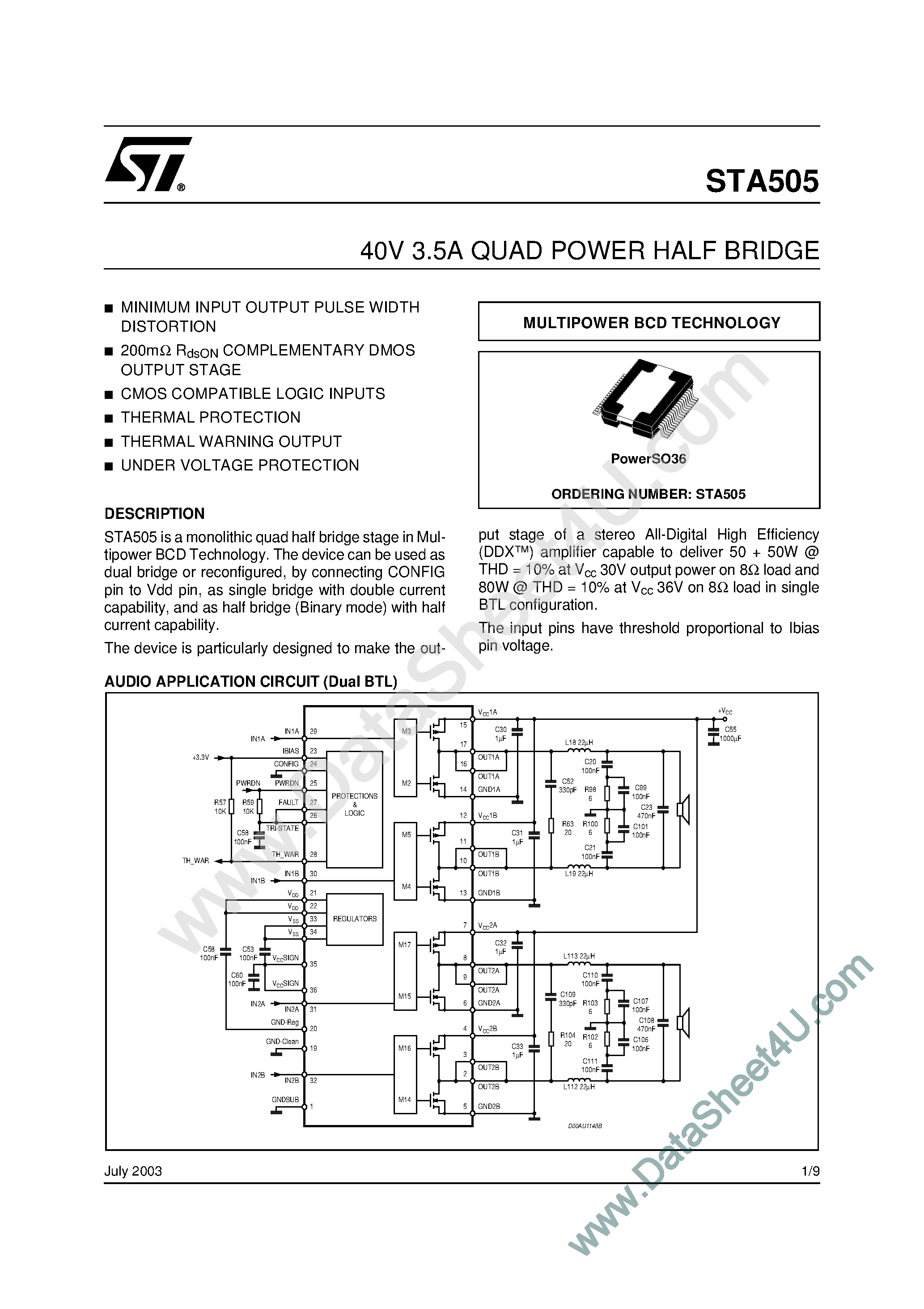 Даташит STA505 - 40V 3.5A QUAD POWER HALF BRIDGE страница 1