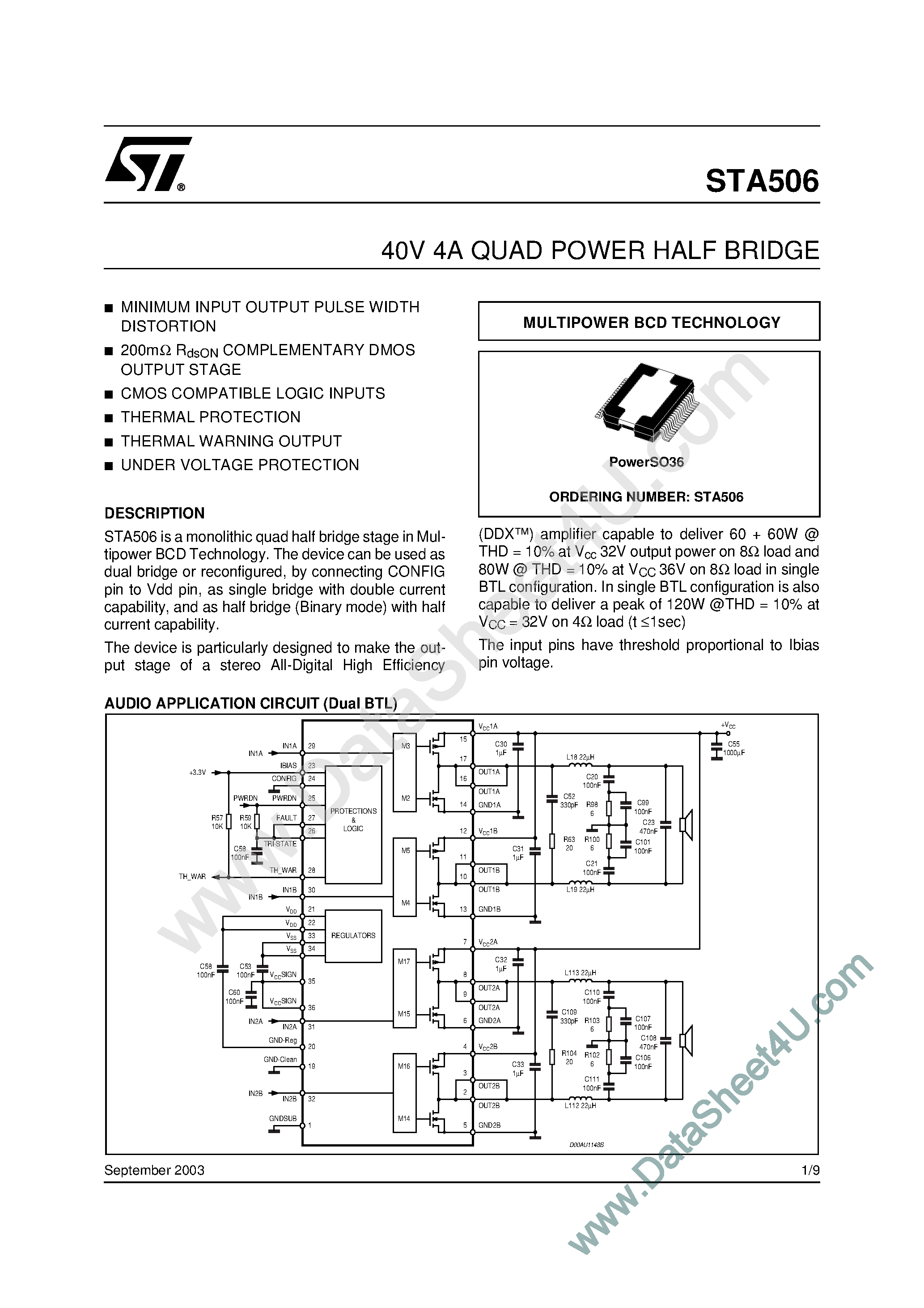 Даташит STA506 - 40V 4A QUAD POWER HALF BRIDGE страница 1