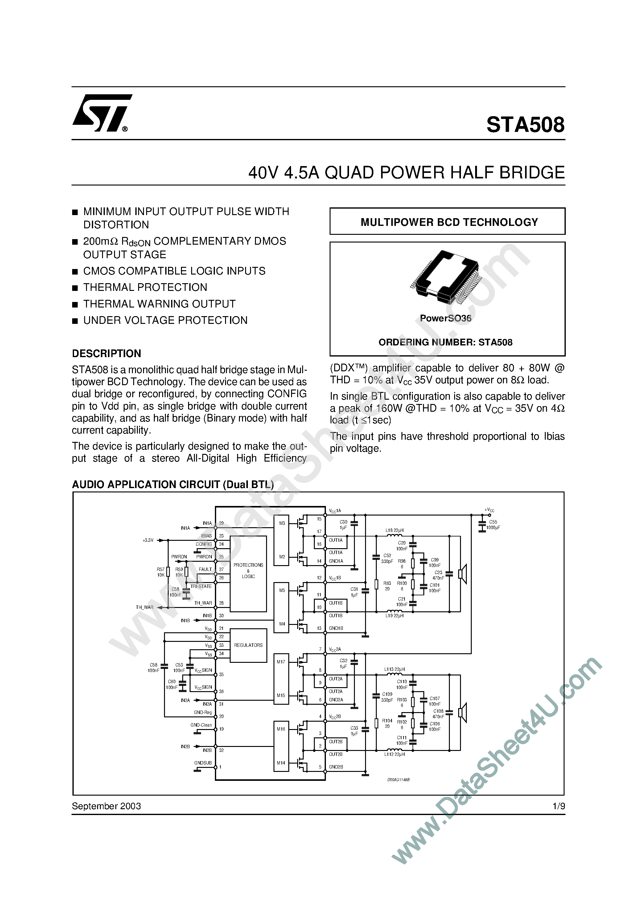 Даташит STA508 - 40V 4.5A QUAD POWER HALF BRIDGE страница 1