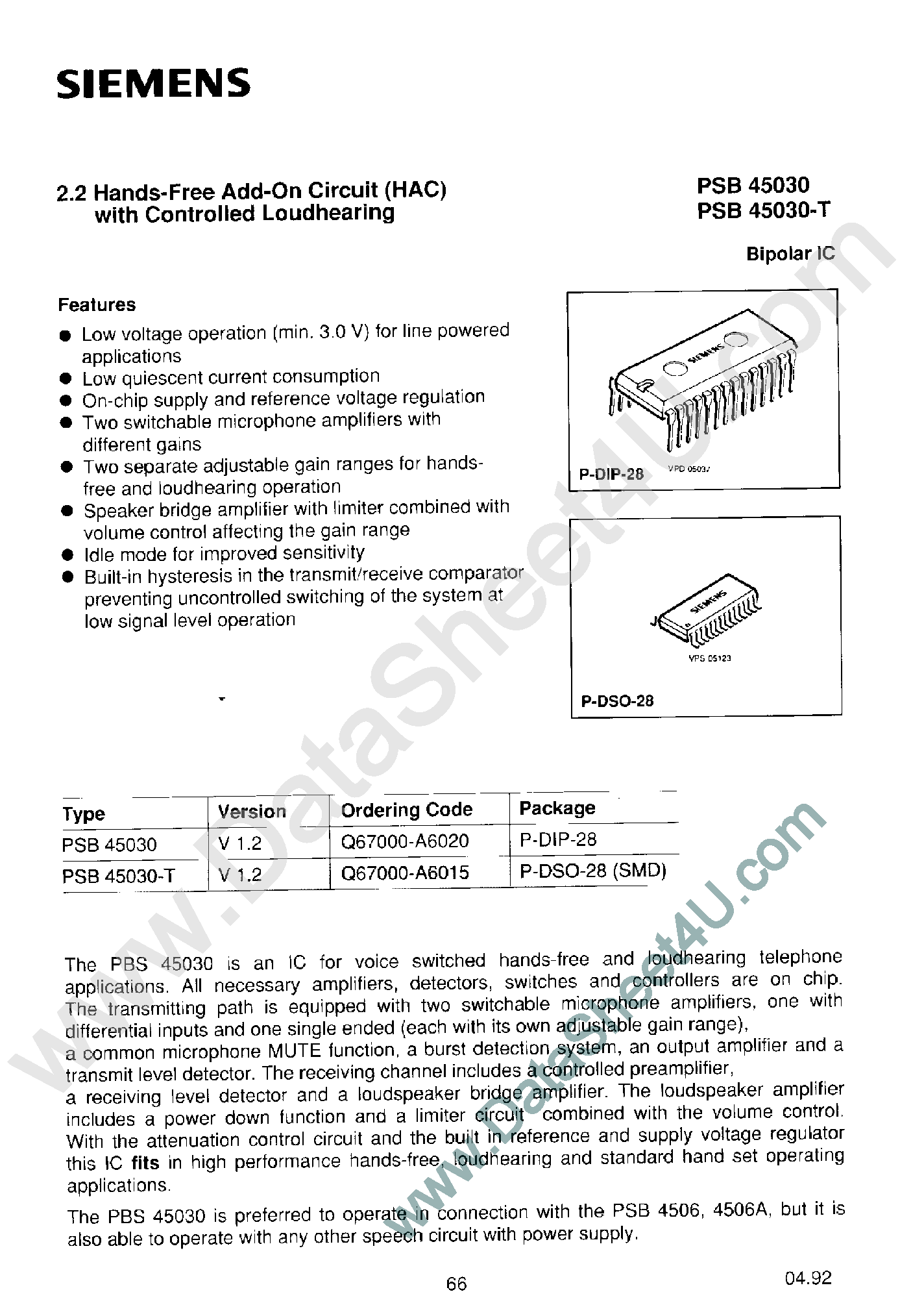 Datasheet PSB45030 - 2.2 Hands Free Add On Circuit page 1