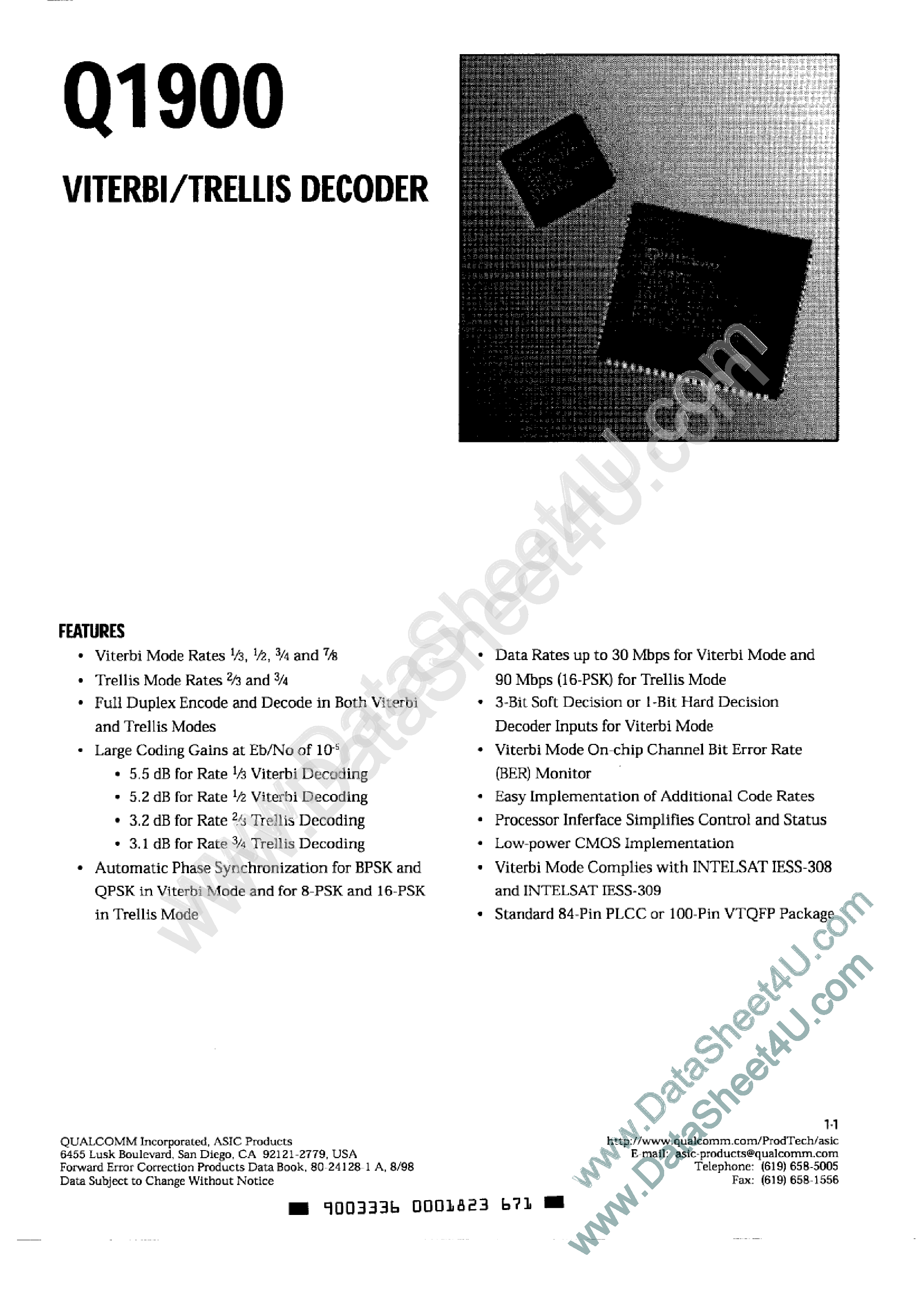 Datasheet Q1900 - Viterbi / Trellis Decoder page 1