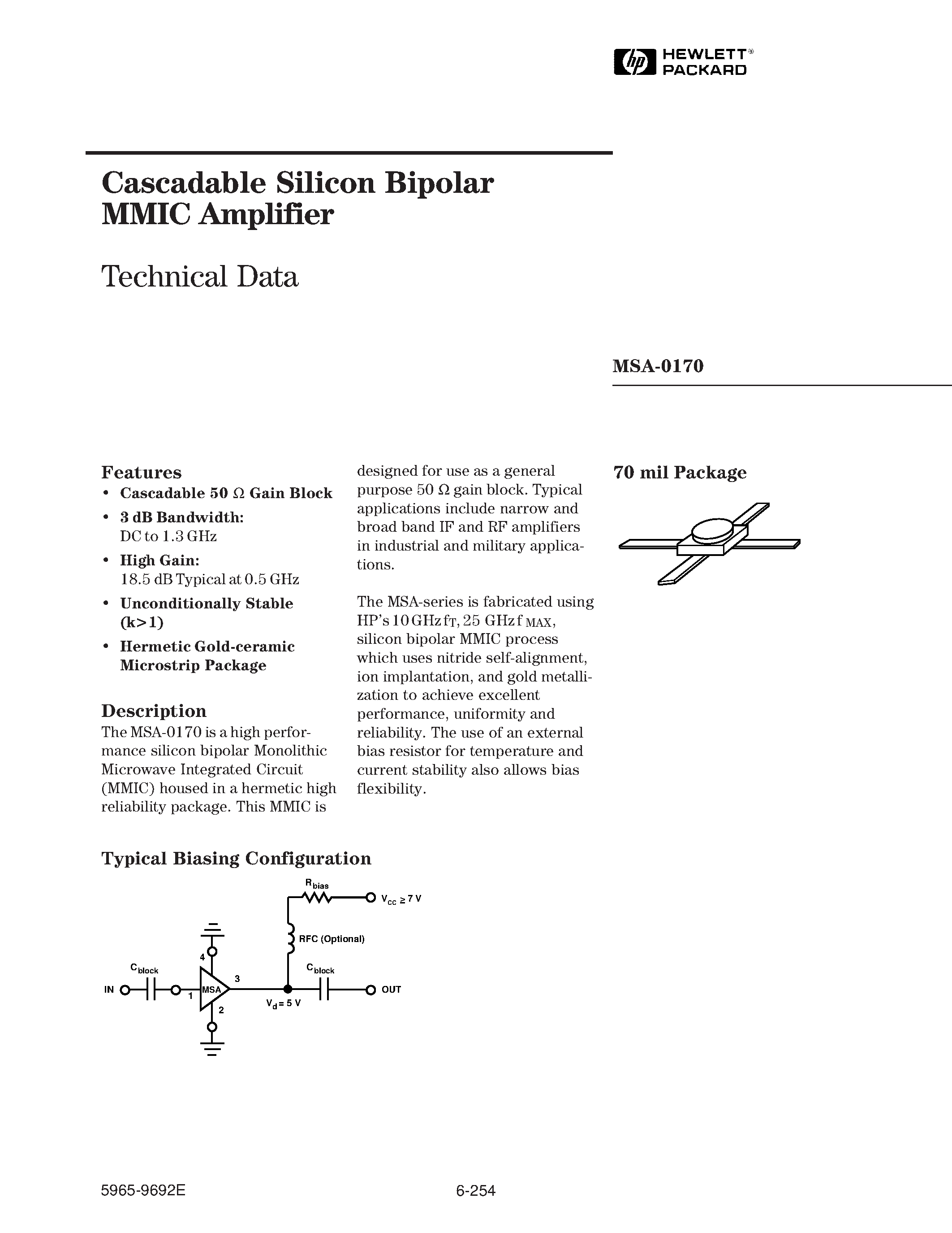 Даташит MSA-0170 - Cascadable Silicon Bipolar MMIC Amplifier страница 1