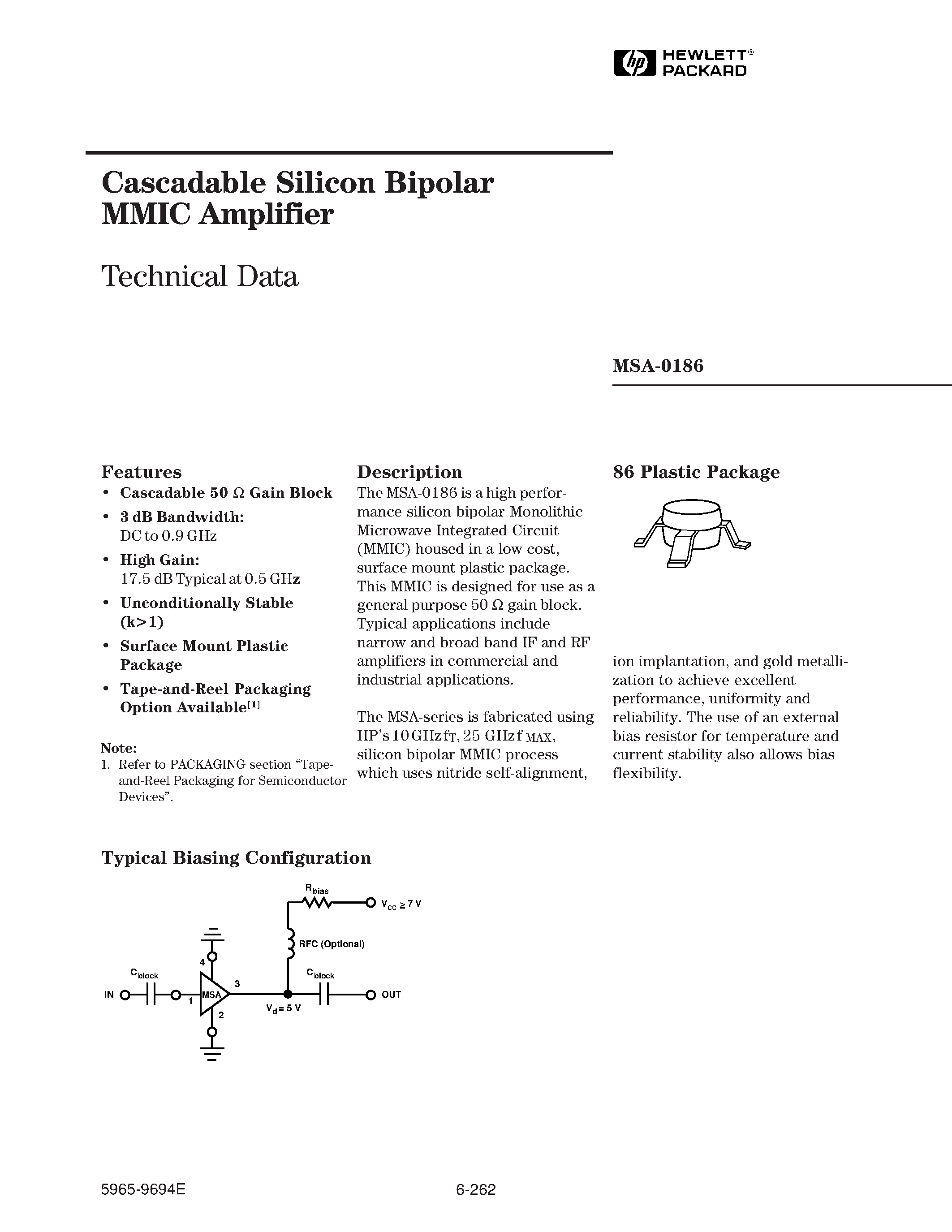 Даташит MSA-0186 - Cascadable Silicon Bipolar MMIC Amplifier страница 1