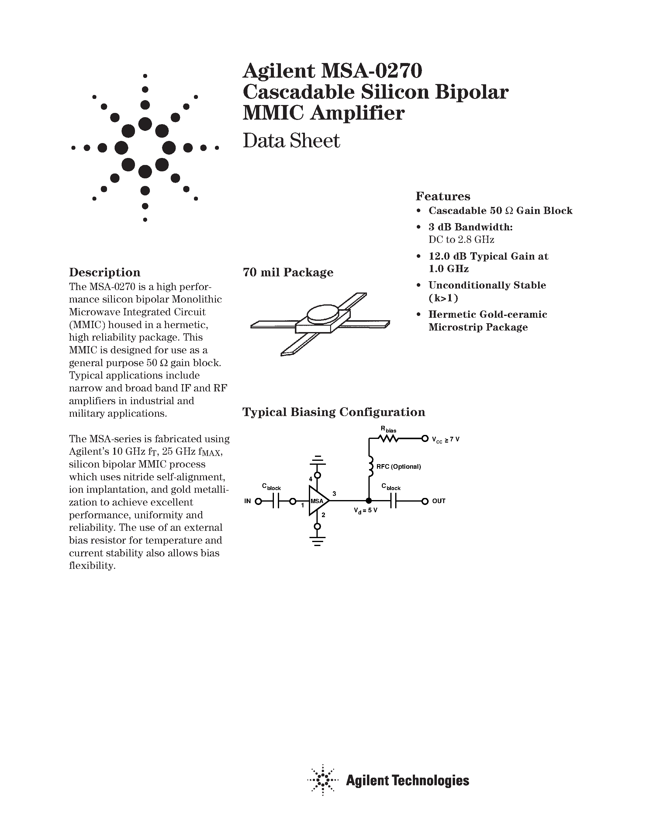 Даташит MSA-0270 - Cascadable Silicon Bipolar MMIC Amplifier страница 1