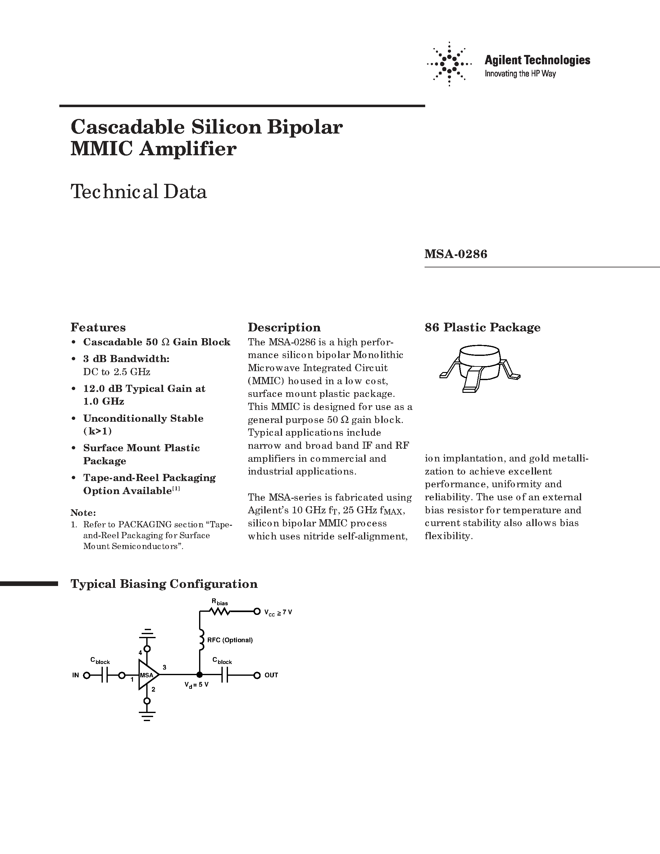 Даташит MSA-0286 - Cascadable Silicon Bipolar MMIC Amplifier страница 1