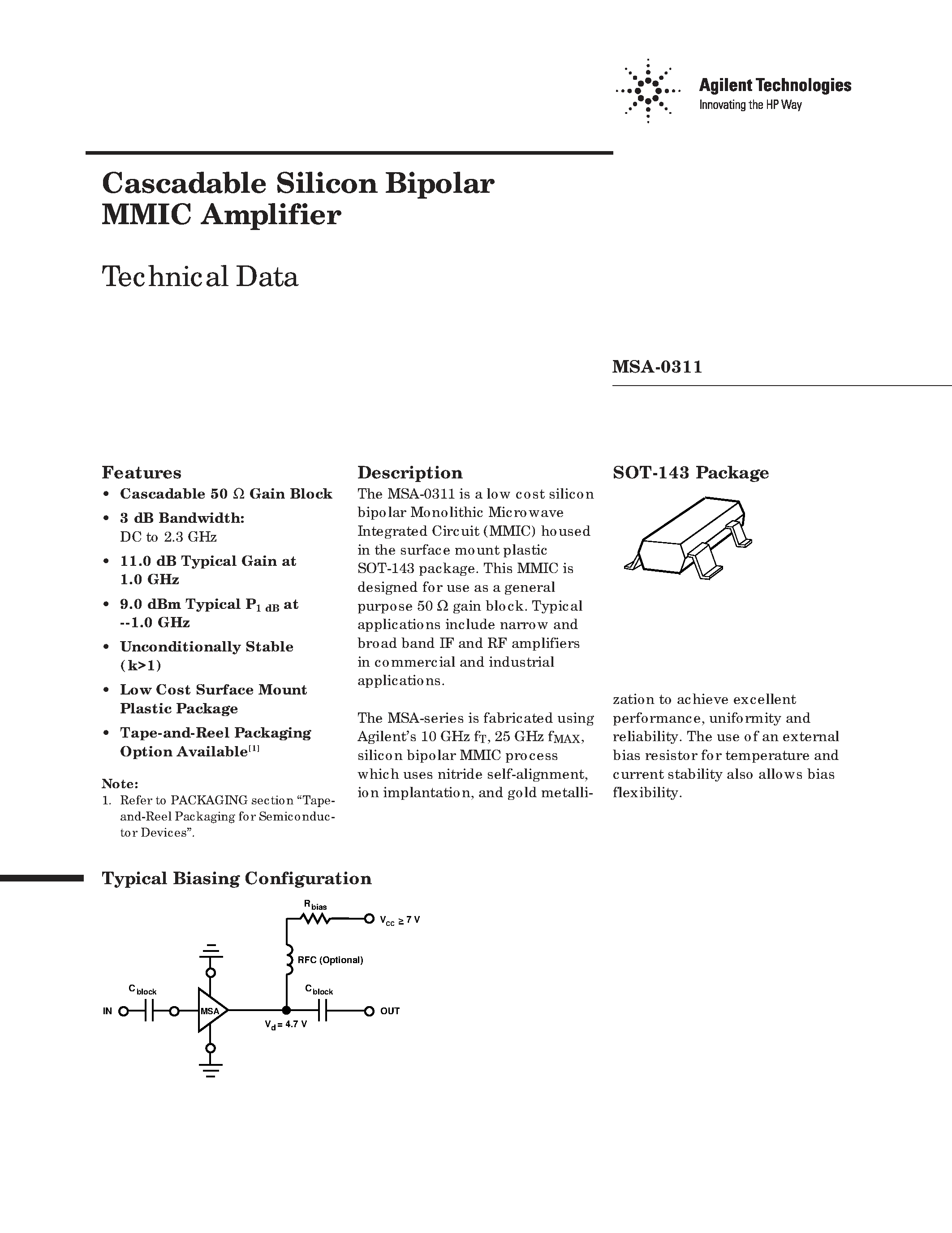 Даташит MSA-0311 - Cascadable Silicon Bipolar MMIC Amplifier страница 1