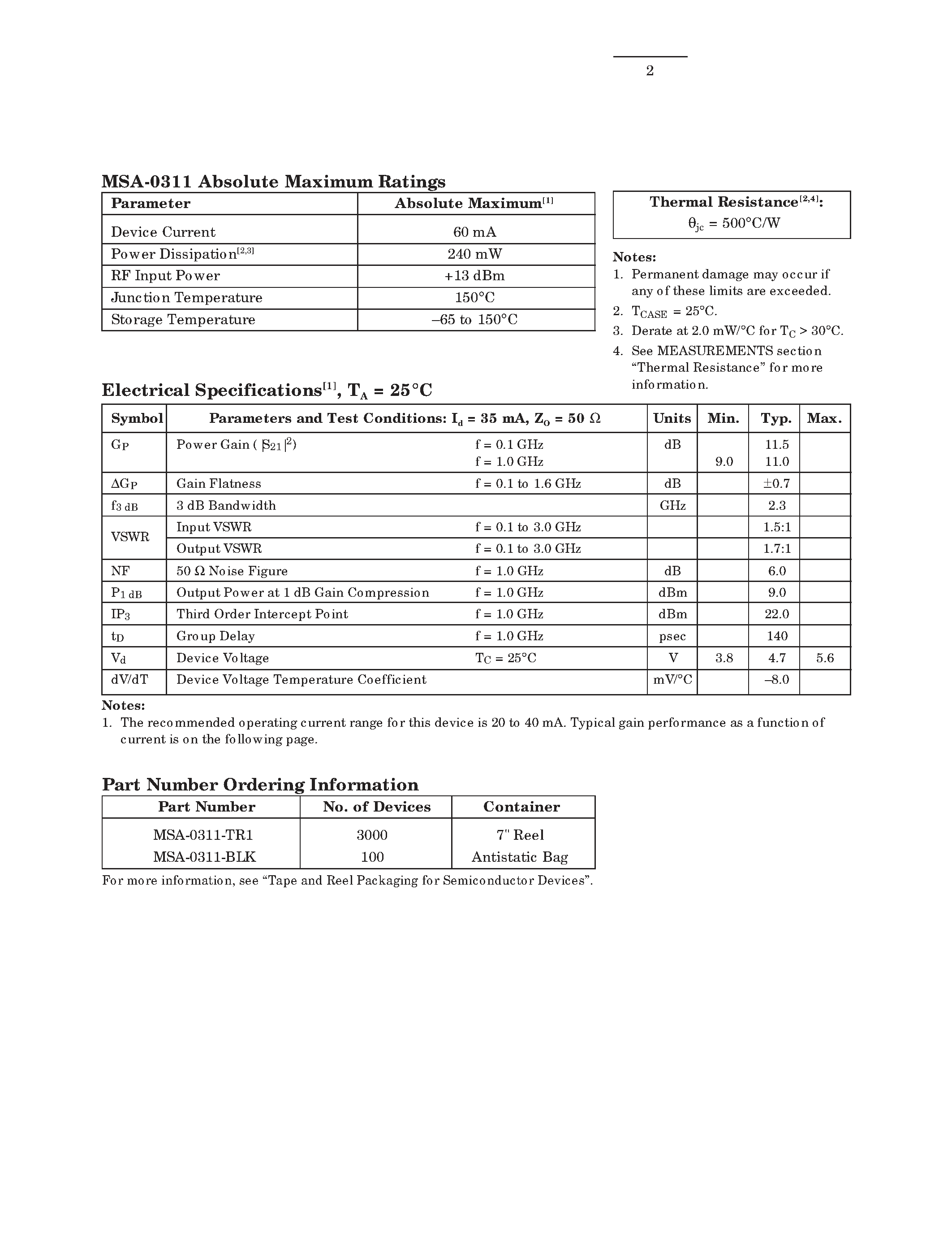 Даташит MSA-0311 - Cascadable Silicon Bipolar MMIC Amplifier страница 2