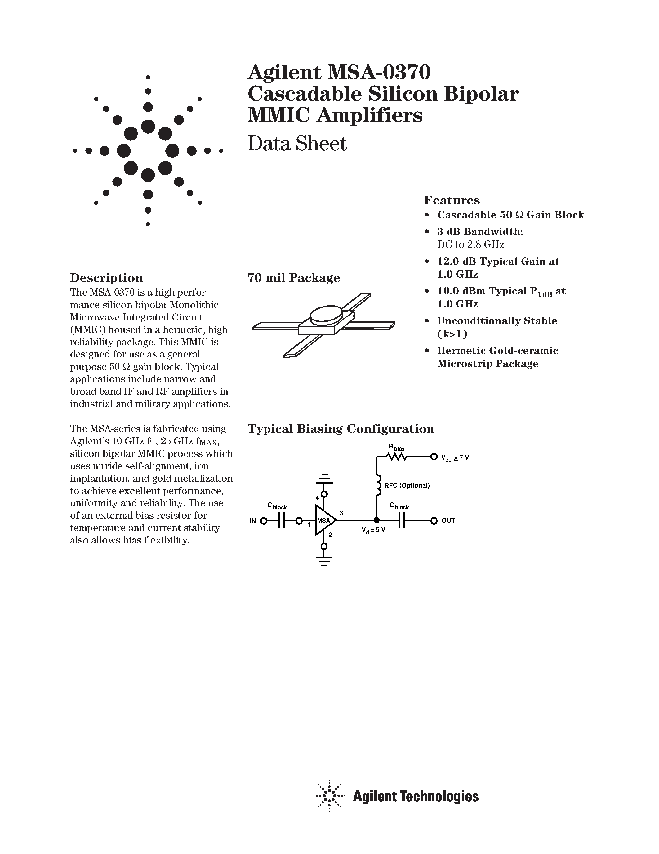 Даташит MSA-0370 - Cascadable Silicon Bipolar MMIC Amplifier страница 1