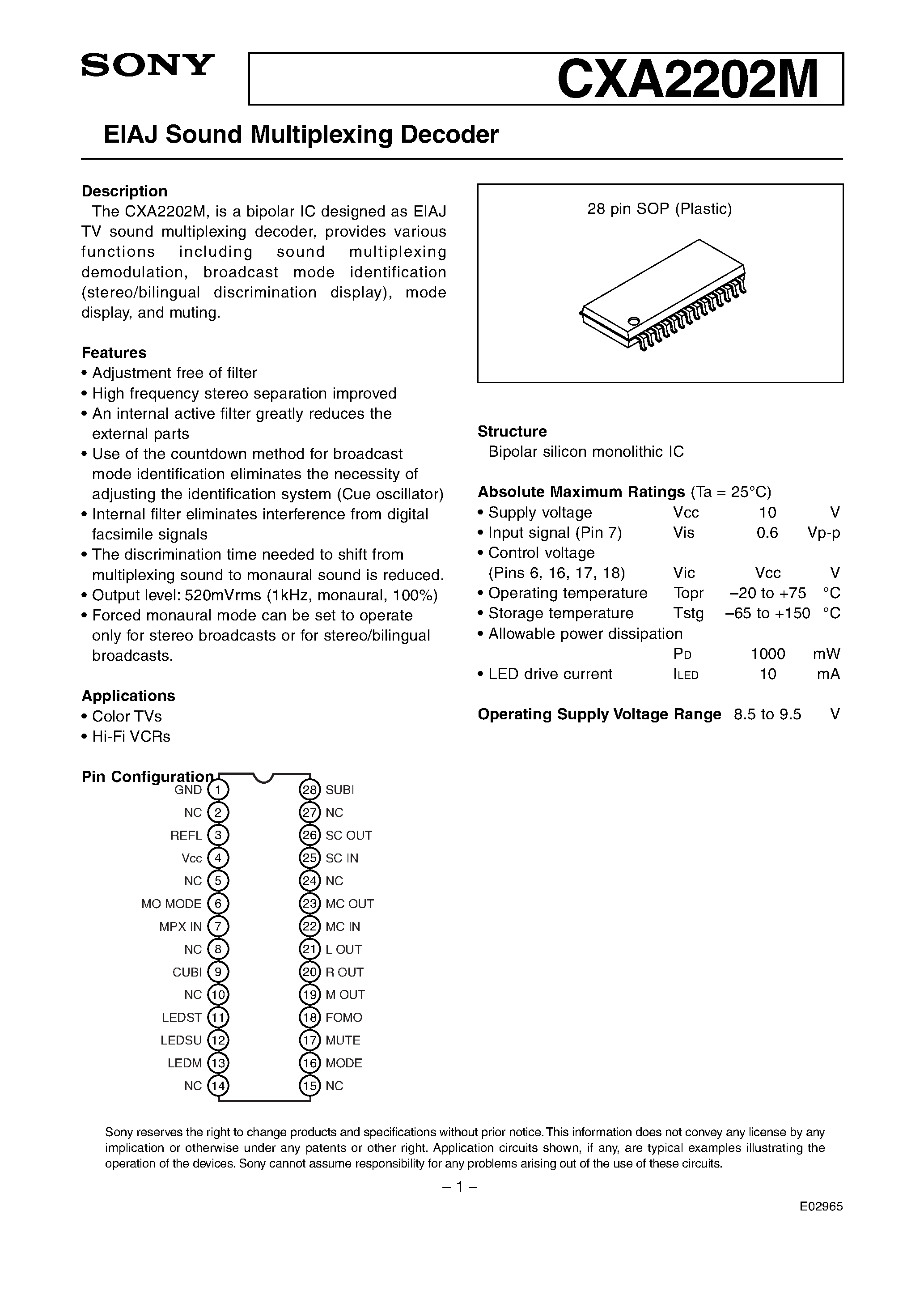 Datasheet CXA2202M - EIAJ Sound Multiplexing Decoder page 1