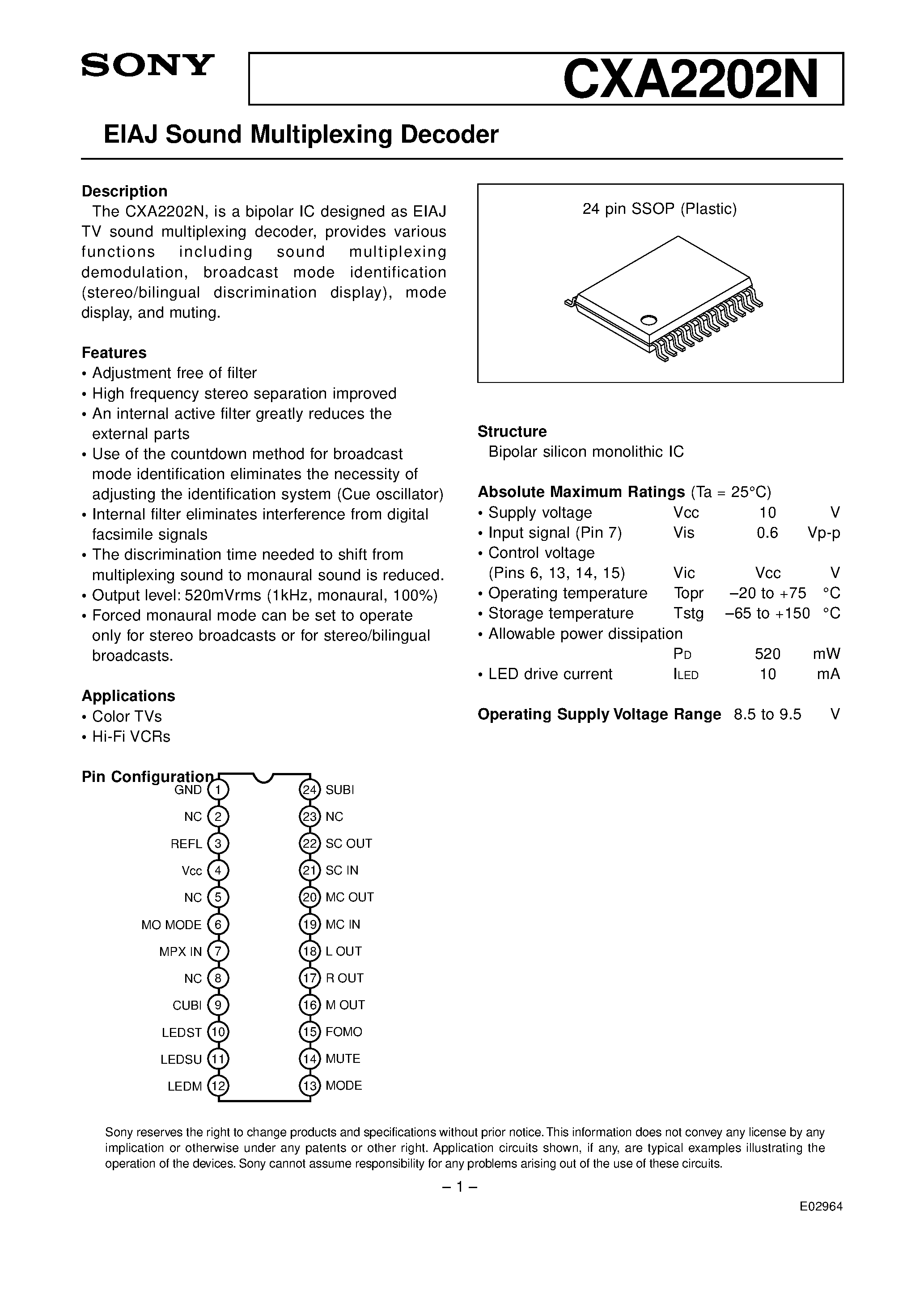 Datasheet CXA2202N - EIAJ Sound Multiplexing Decoder page 1