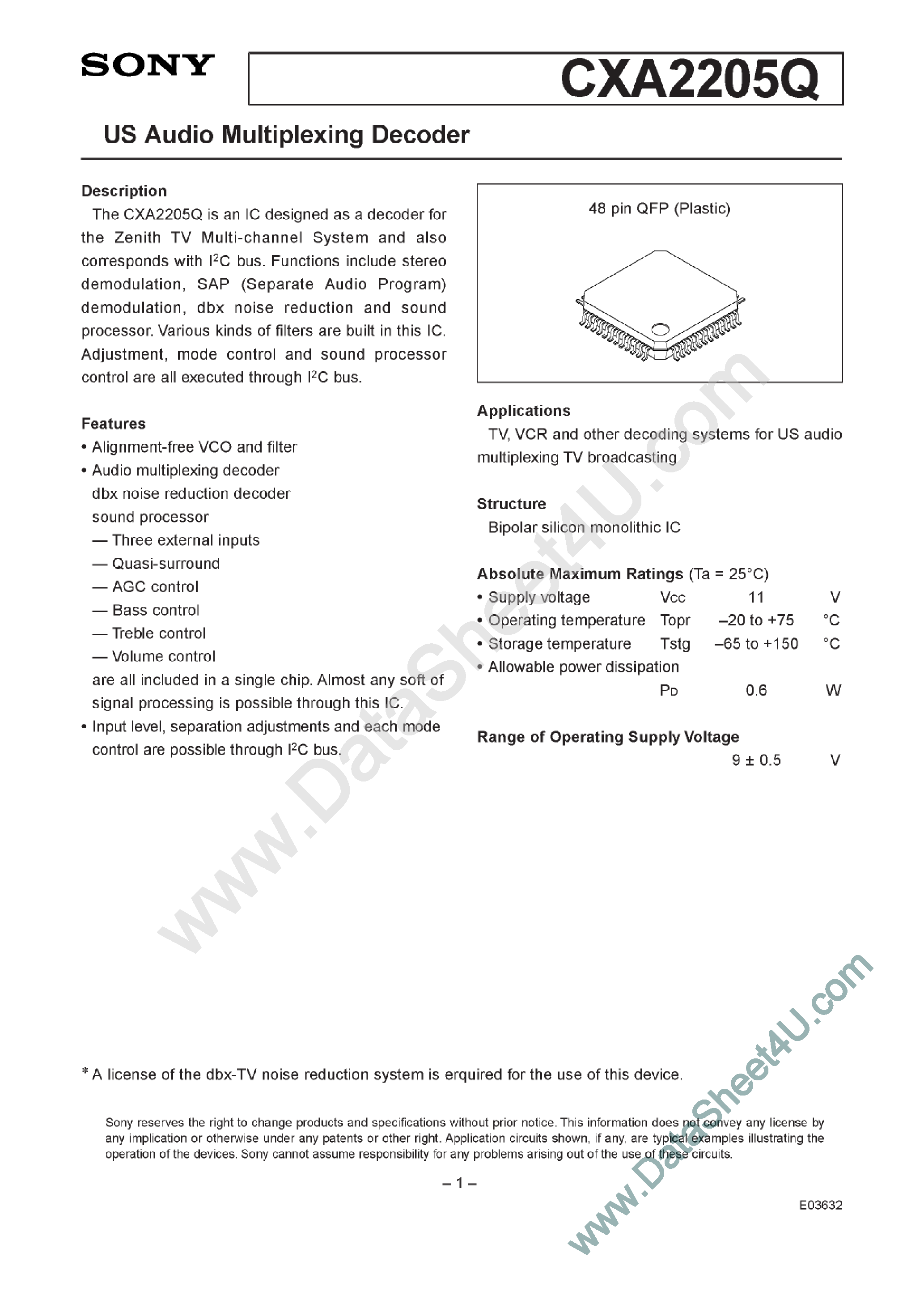 Datasheet CXA2205Q - US Audio Multiplexing Decoder page 1