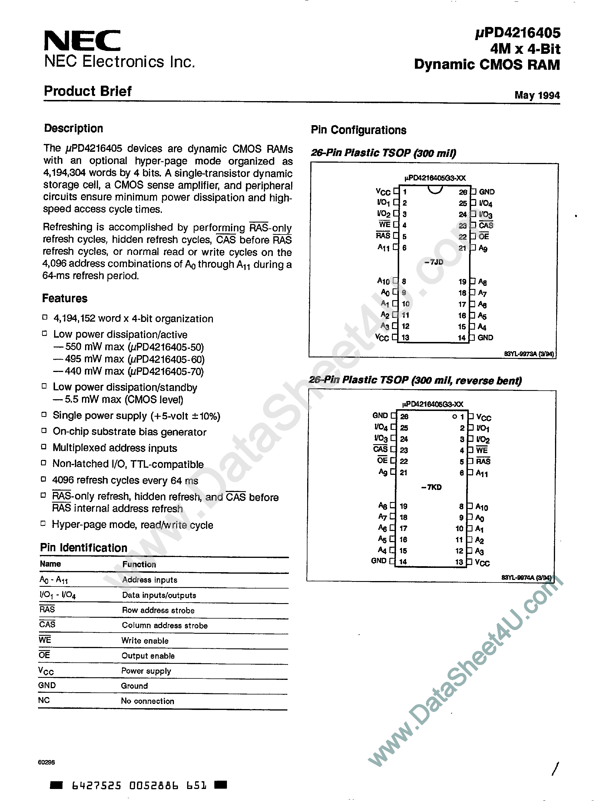 Datasheet UPD4216405 - 4M x 4-Bit DRAM page 1