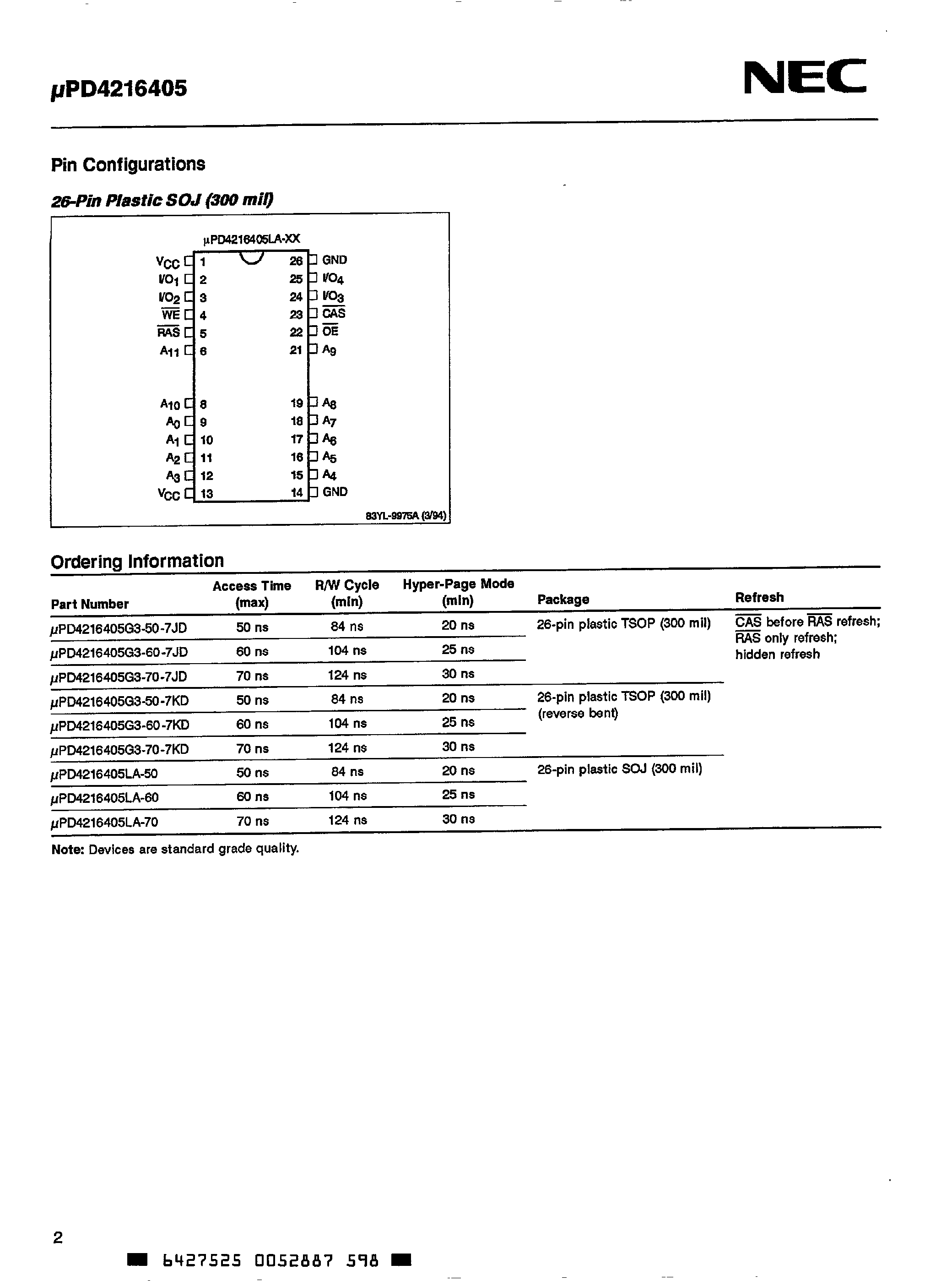 Datasheet UPD4216405 - 4M x 4-Bit DRAM page 2