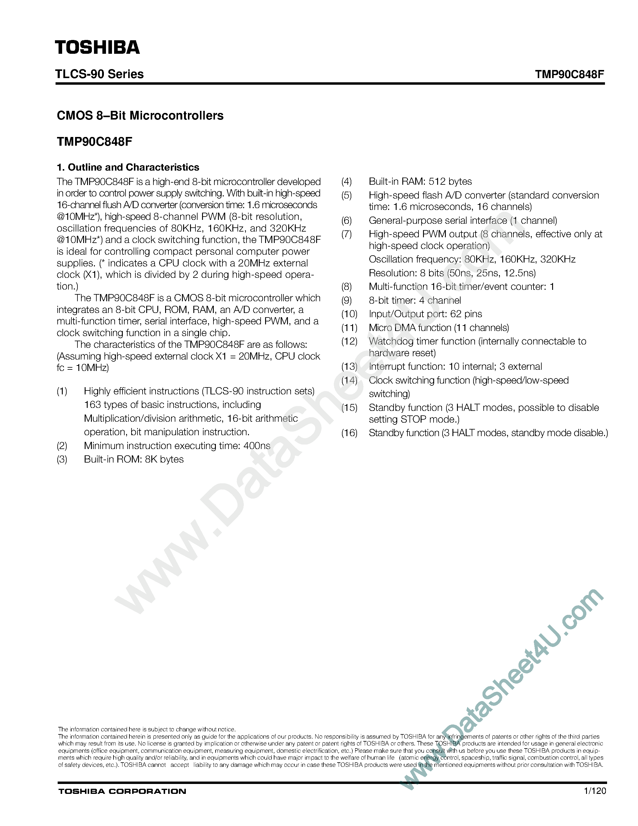 Даташит TMP90C848F - CMOS 8-Bit Microcontrollers страница 1