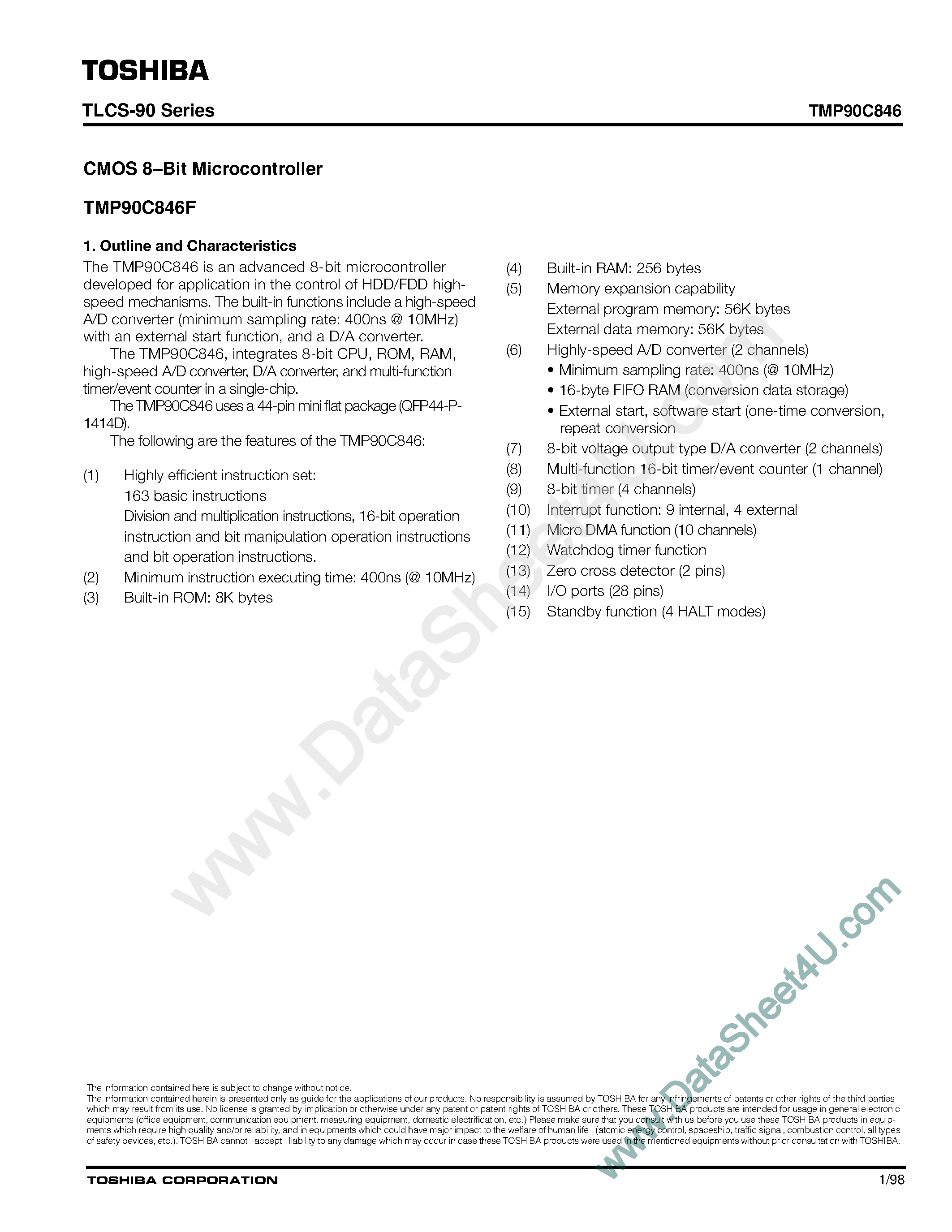 Даташит TMP90C846 - CMOS 8-Bit Microcontrollers страница 1